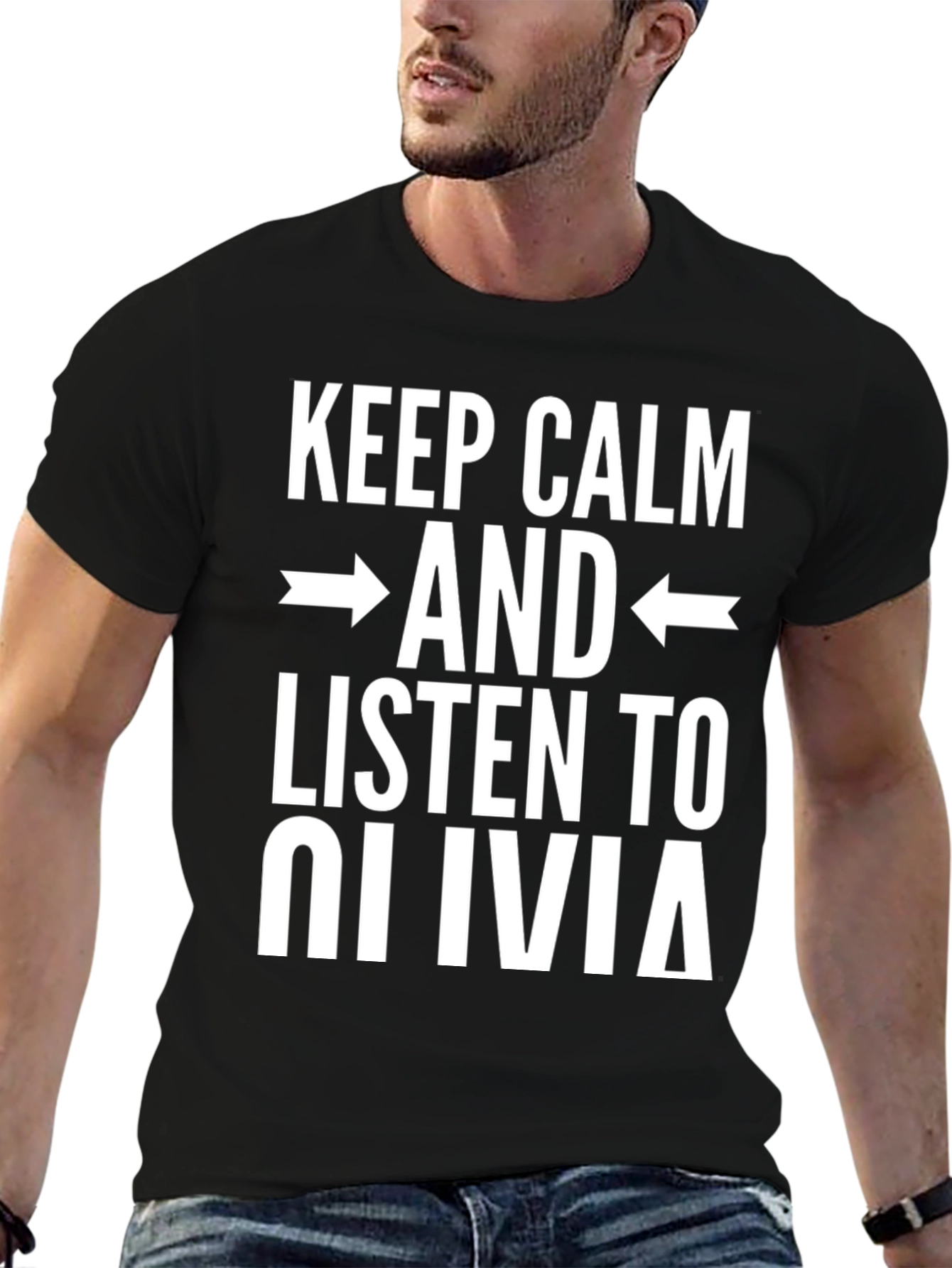 Black Keep Calm Listen to Olivia Funny Novelty T-Shirt view 6