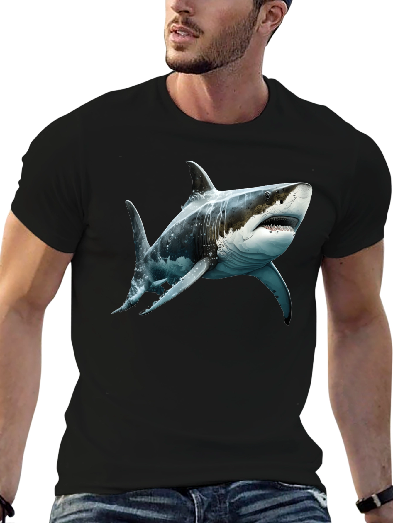 Black Shark Graphic Tee - Men's Black Cotton T-Shirt view 6