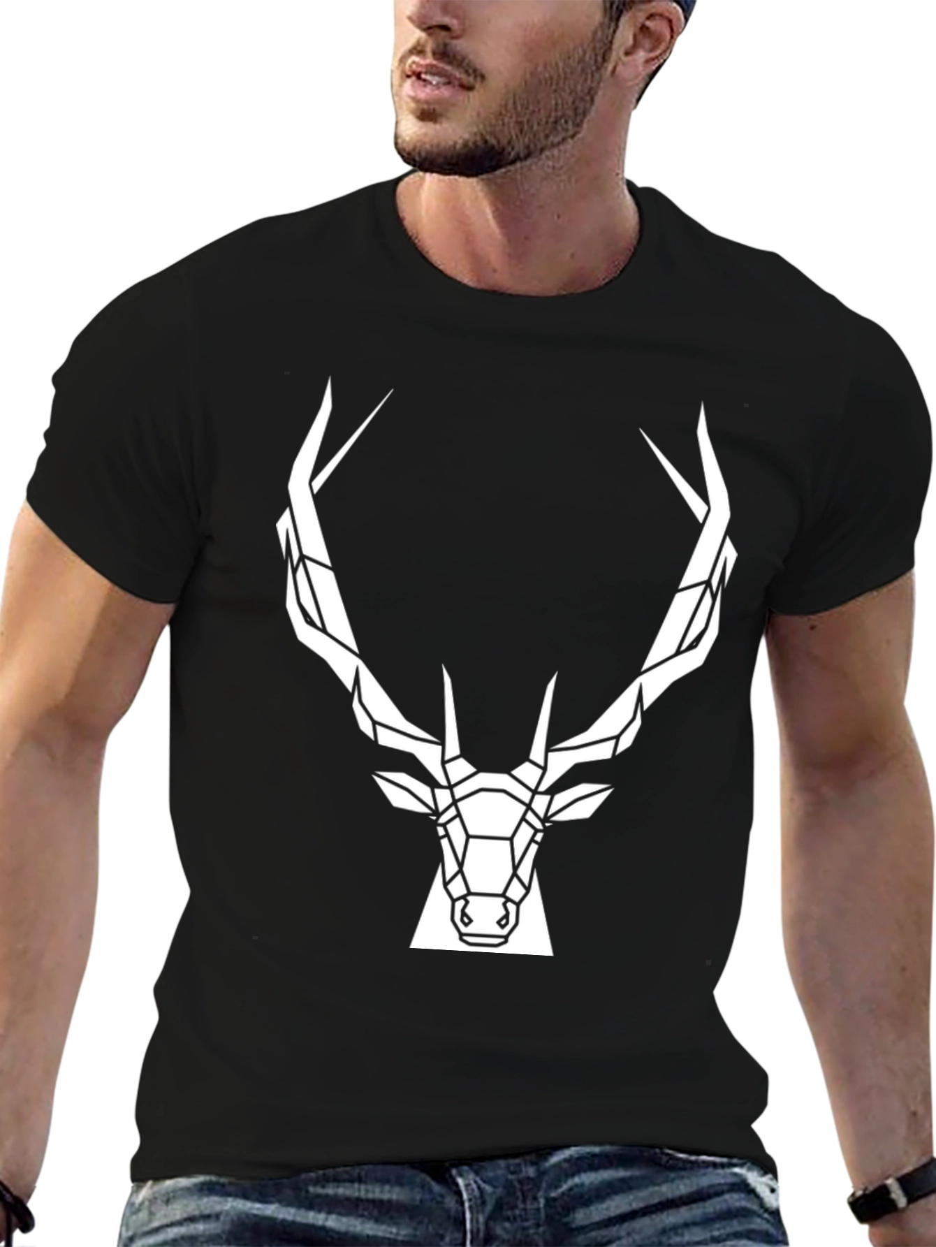 Black Geometric Deer Head T-Shirt - Modern Graphic Tee view 6