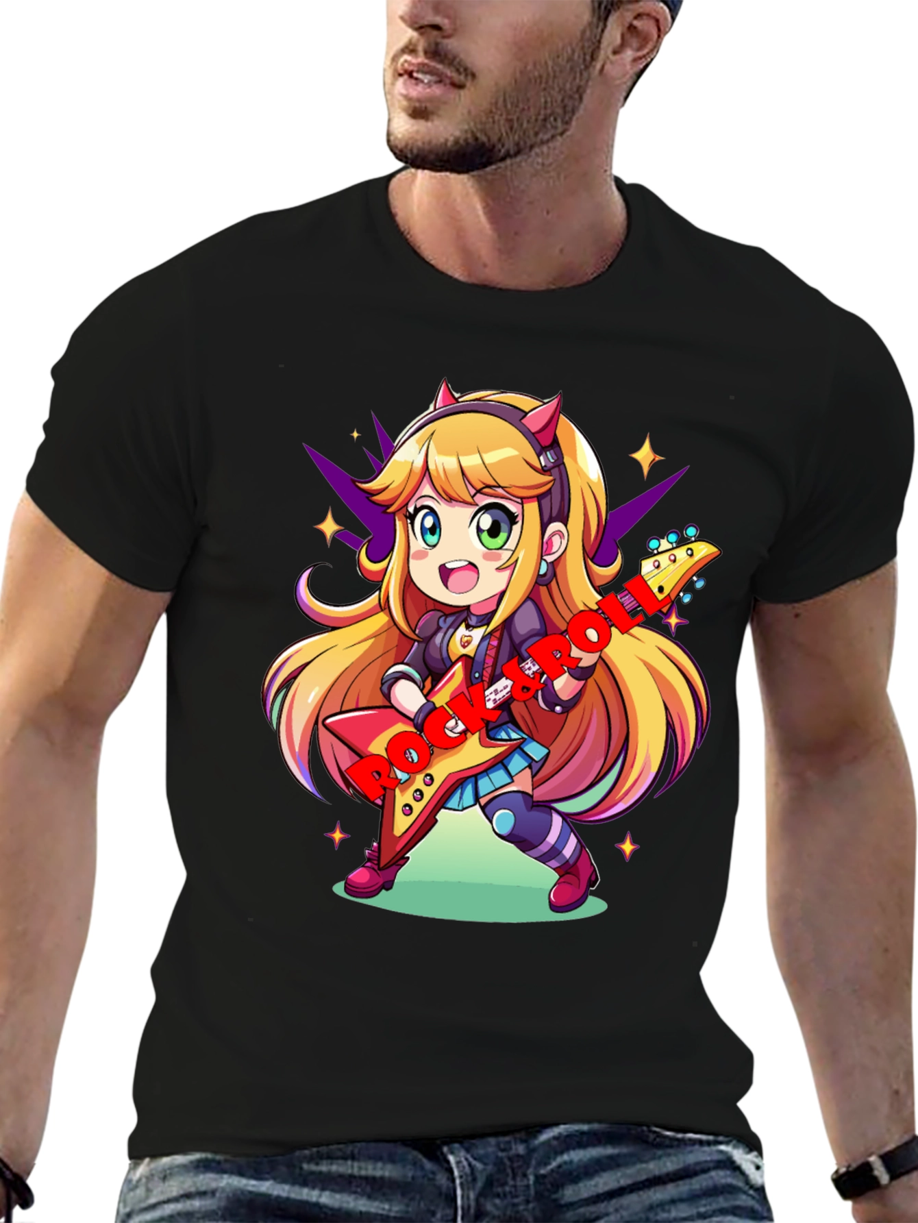 Black Anime Girl Guitarist Black T-Shirt view 6