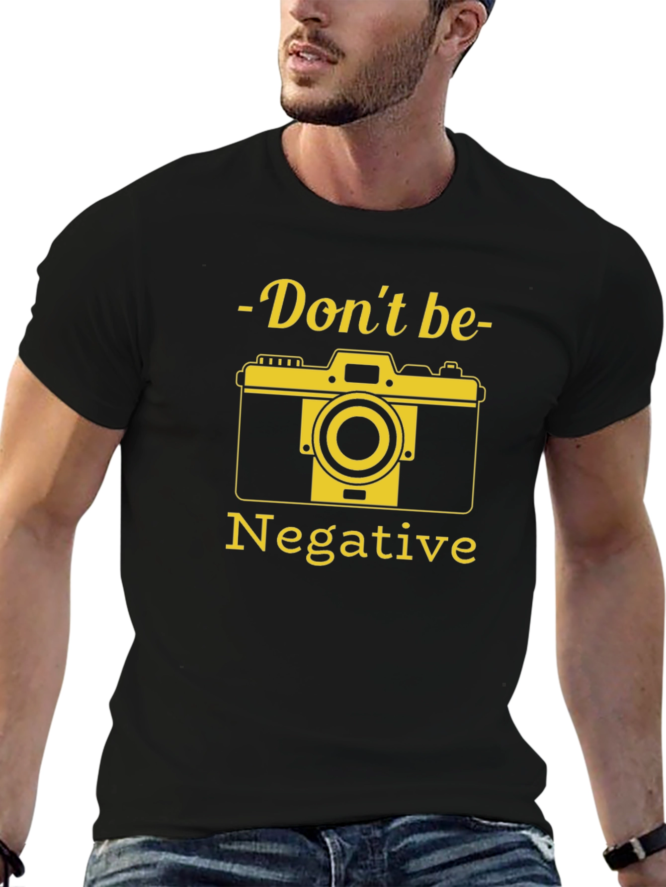 Black Funny Camera T-Shirt - Don't Be Negative Graphic Tee view 6