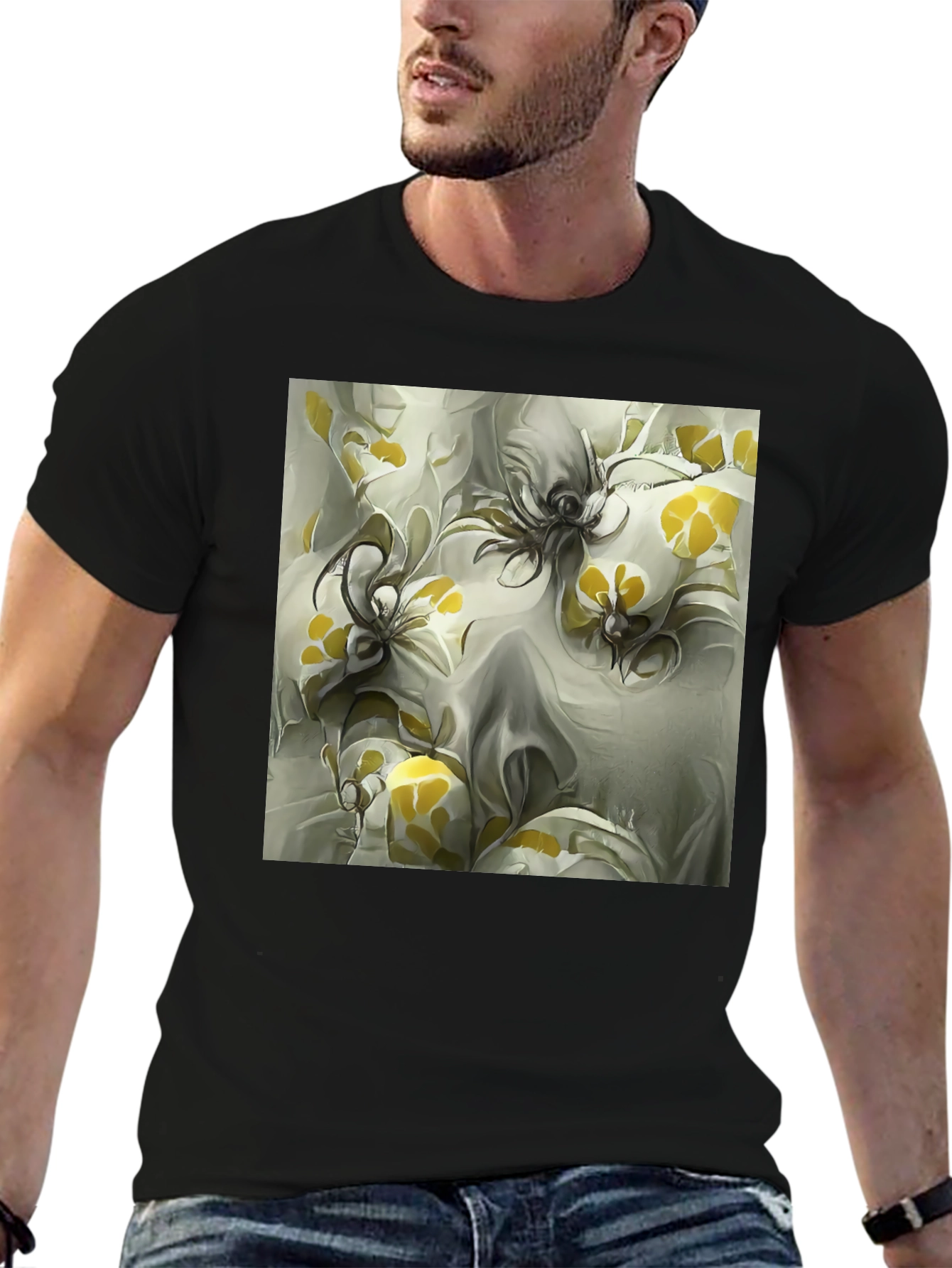 Black Abstract Floral Print Black T-Shirt view 6