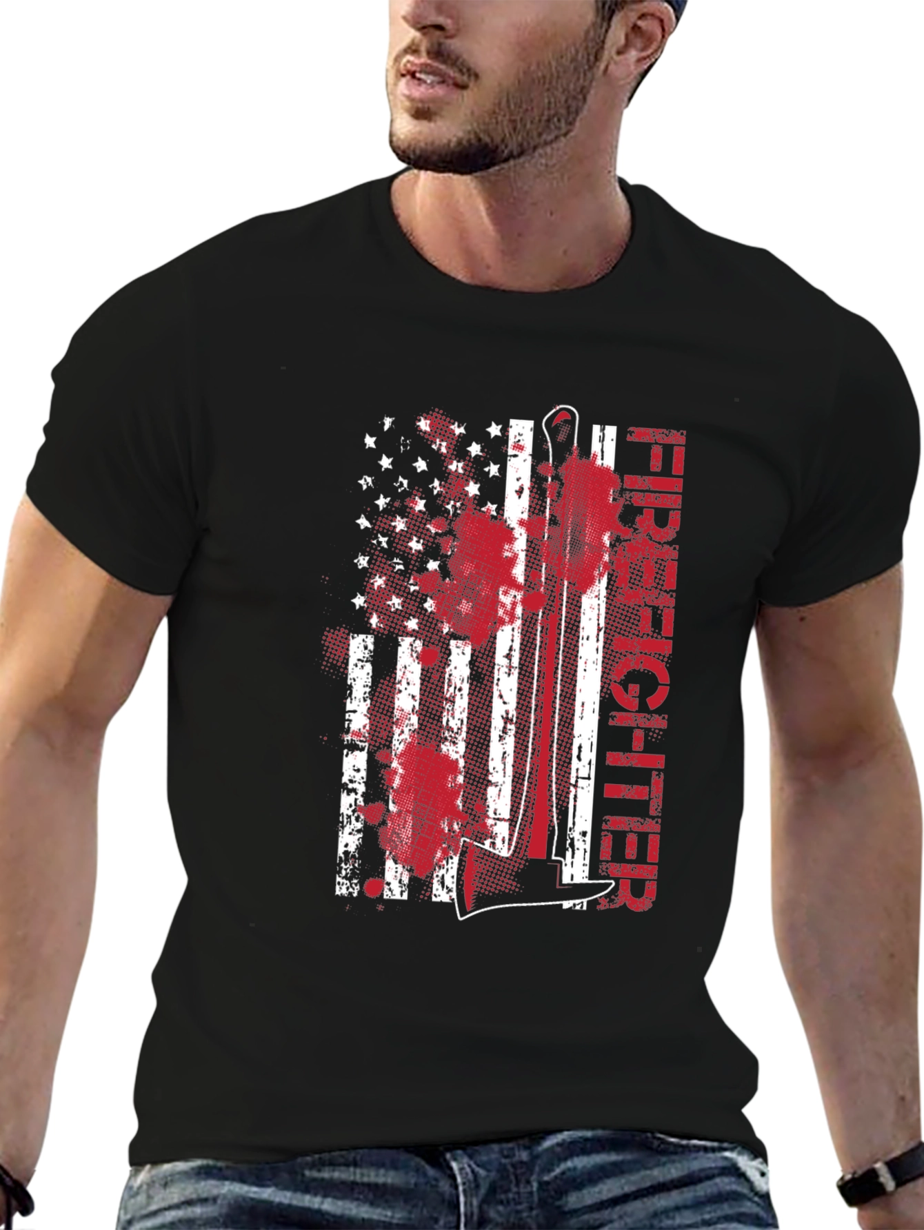 Black Firefighter American Flag Graphic Tee view 6
