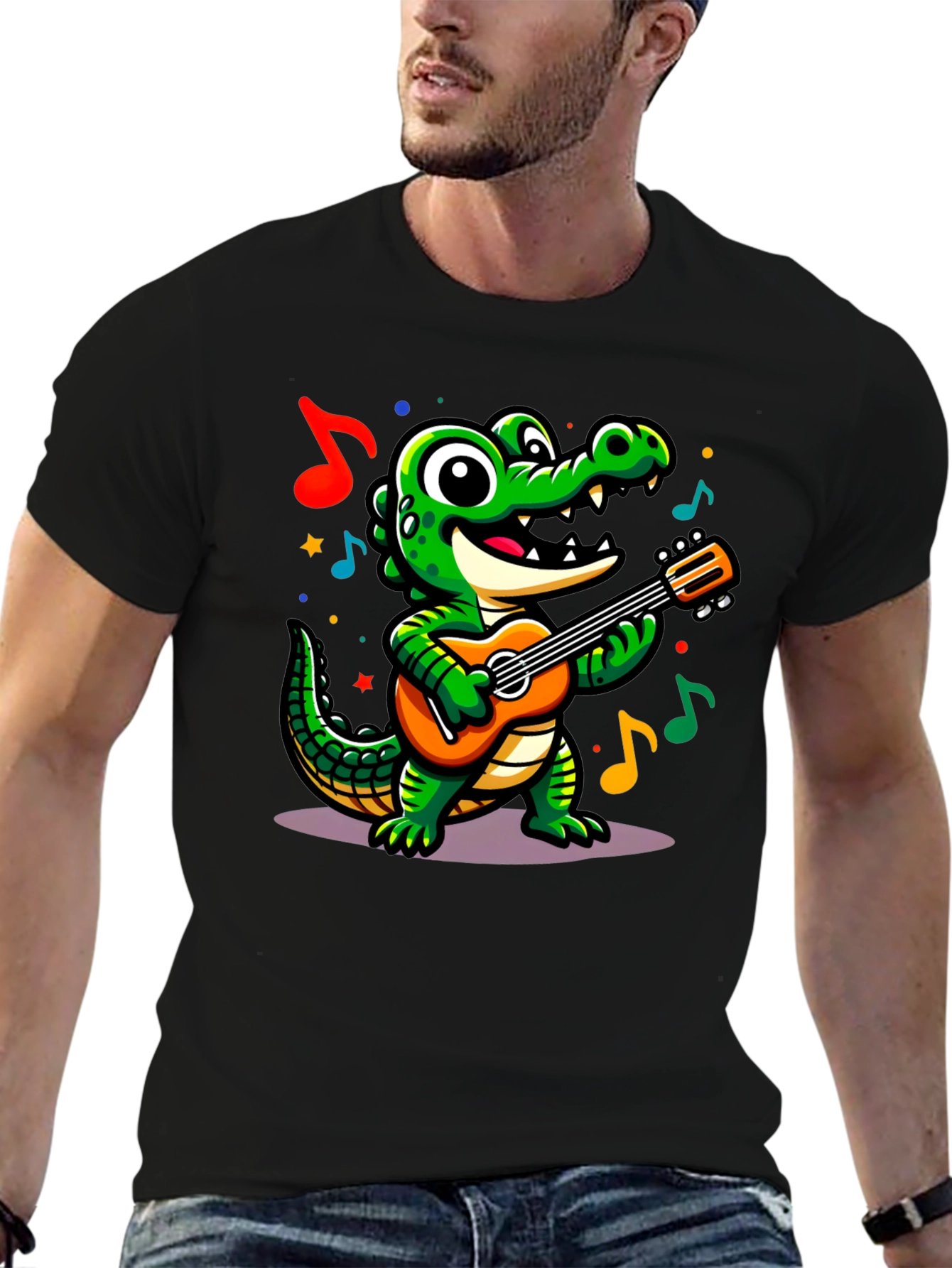 Black Cartoon Alligator Guitar T-Shirt view 6