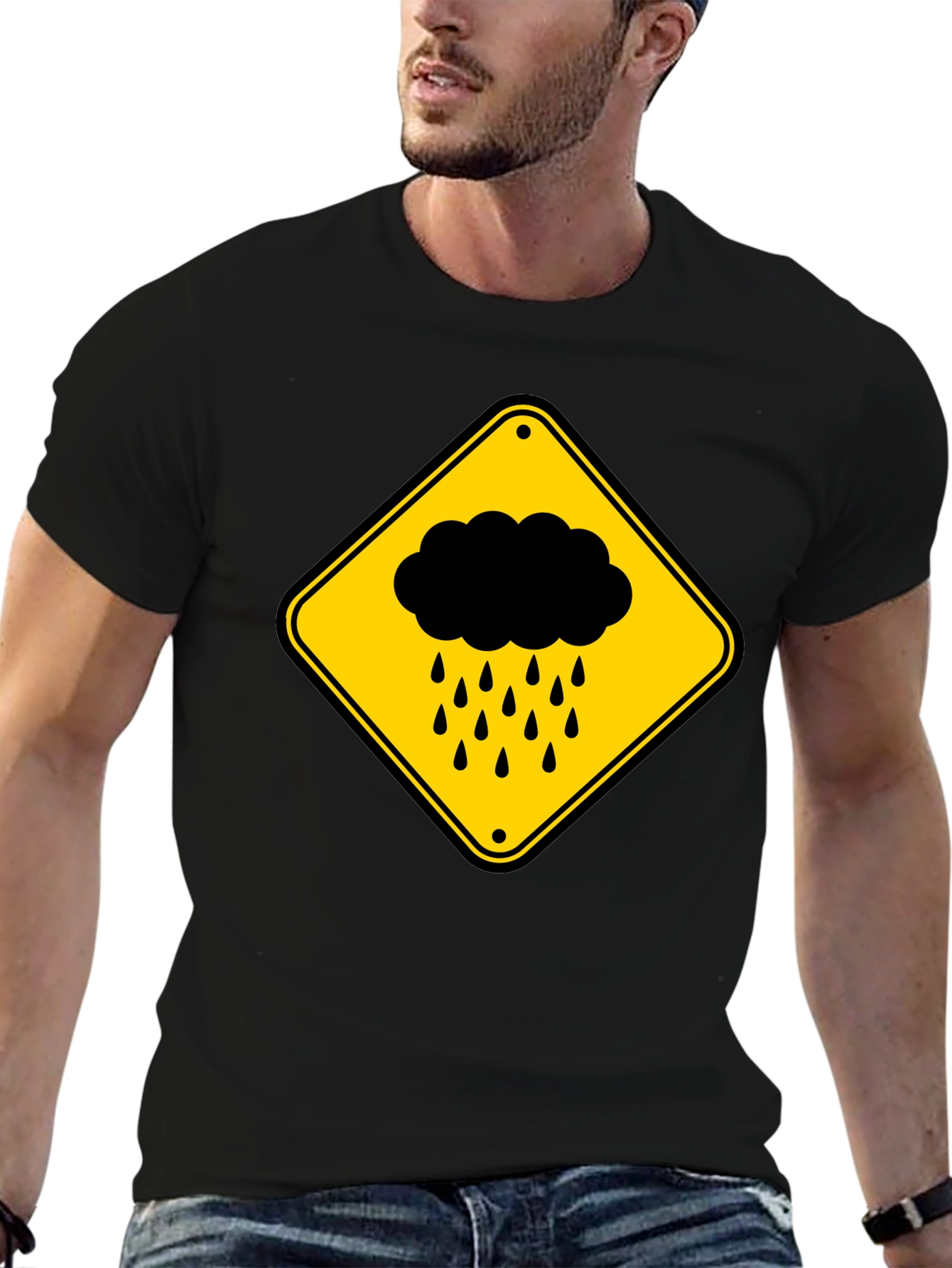 Black Rainy Day Warning T-Shirt - Black Cotton Tee view 6