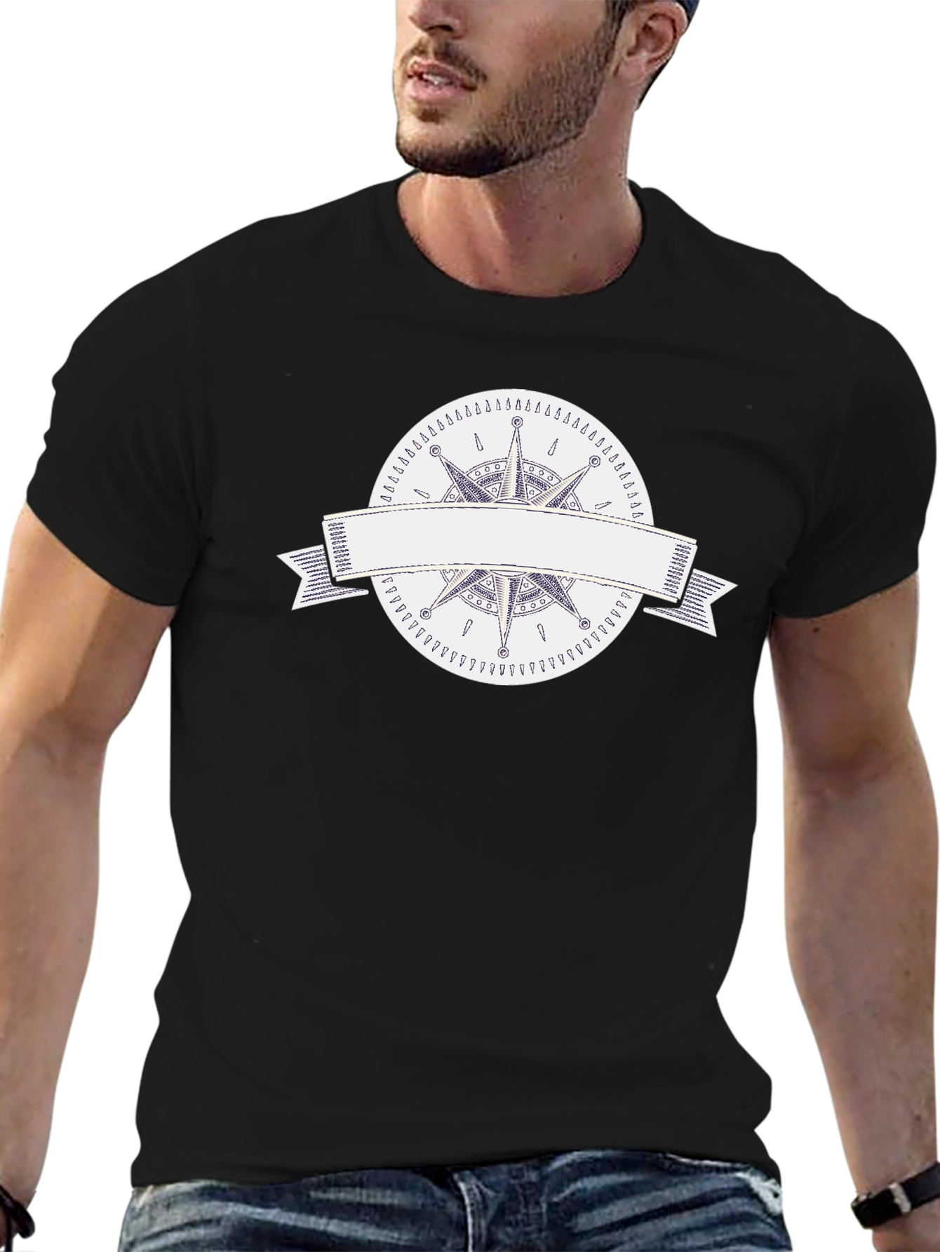 Black Men's Black T-Shirt with Compass Rose Graphic view 6