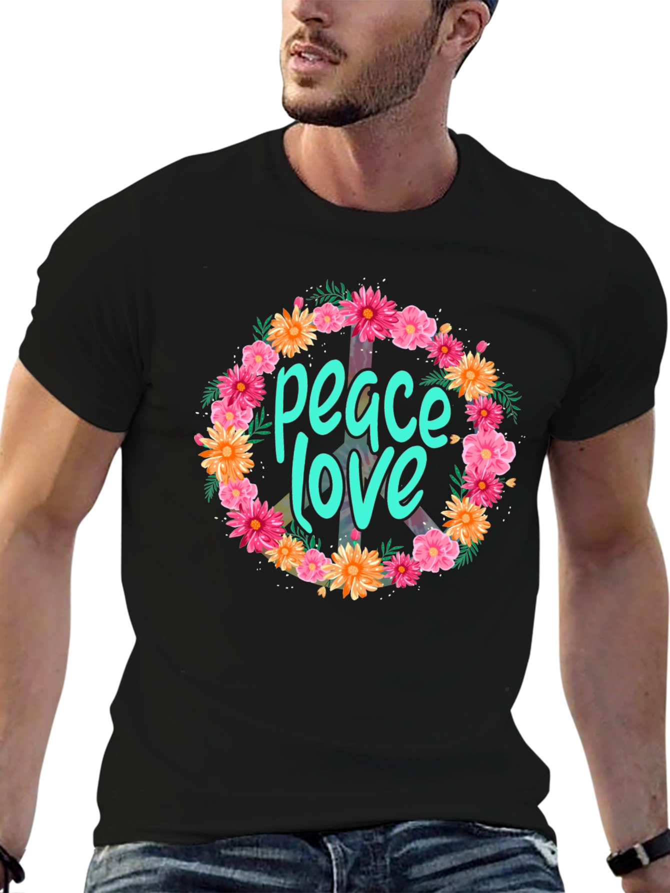 Black Peace Love Floral Wreath Graphic T-Shirt view 6