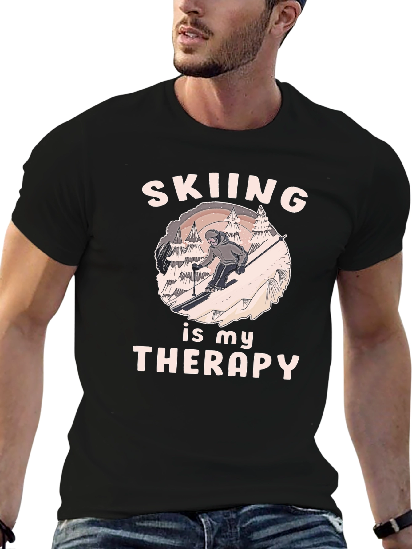 Black Skiing Therapy T-Shirt - Winter Sport Apparel view 6
