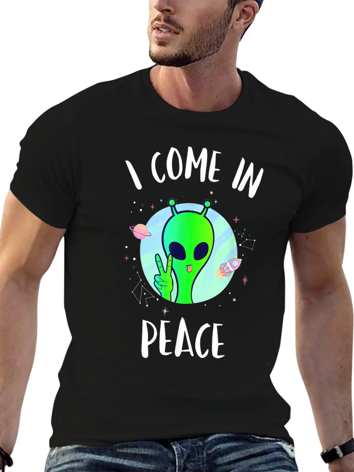 Black I Come In Peace Alien T-Shirt view 6