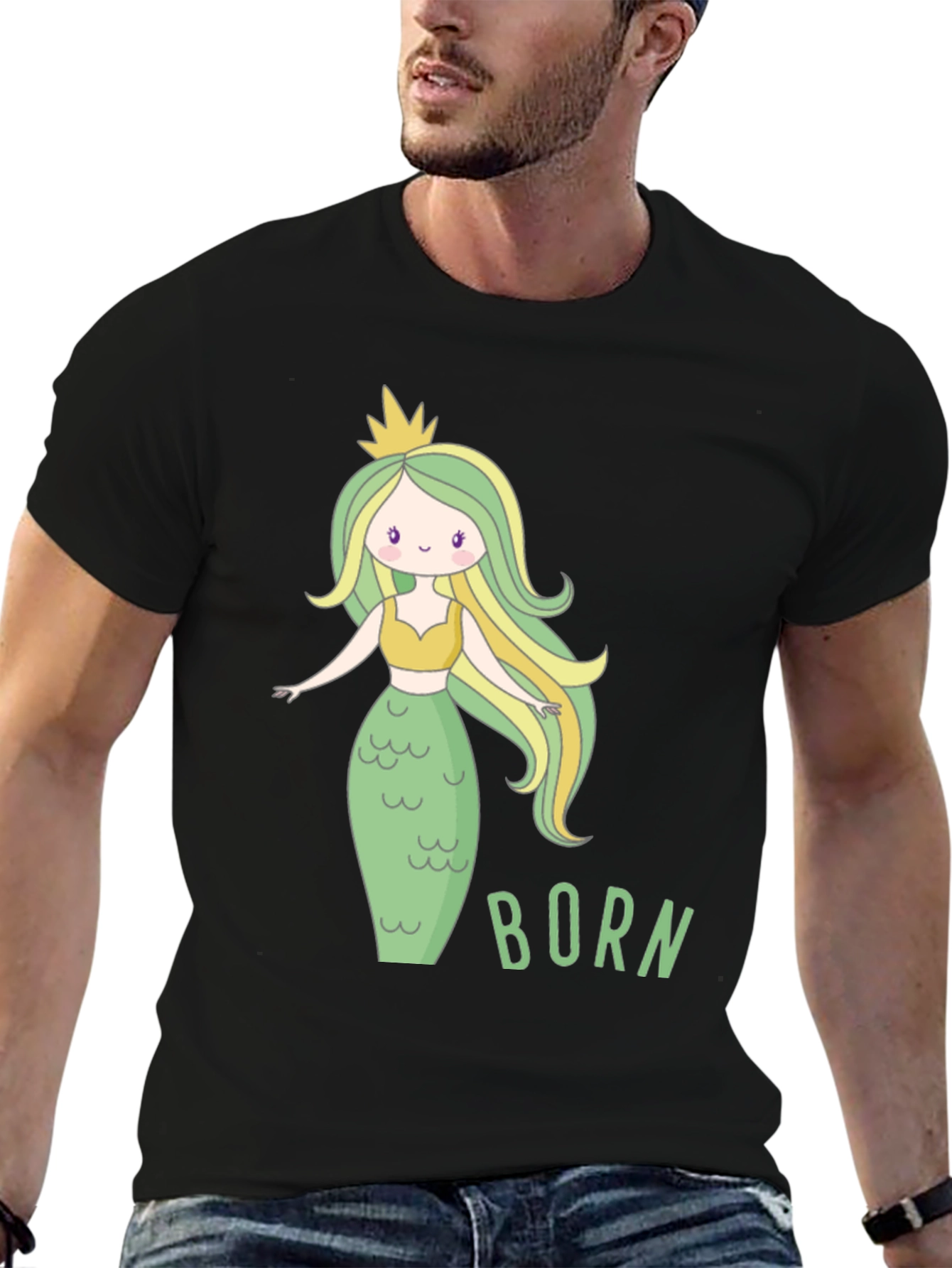 Black Mermaid Born T-Shirt - Cute Cartoon Graphic Tee view 6