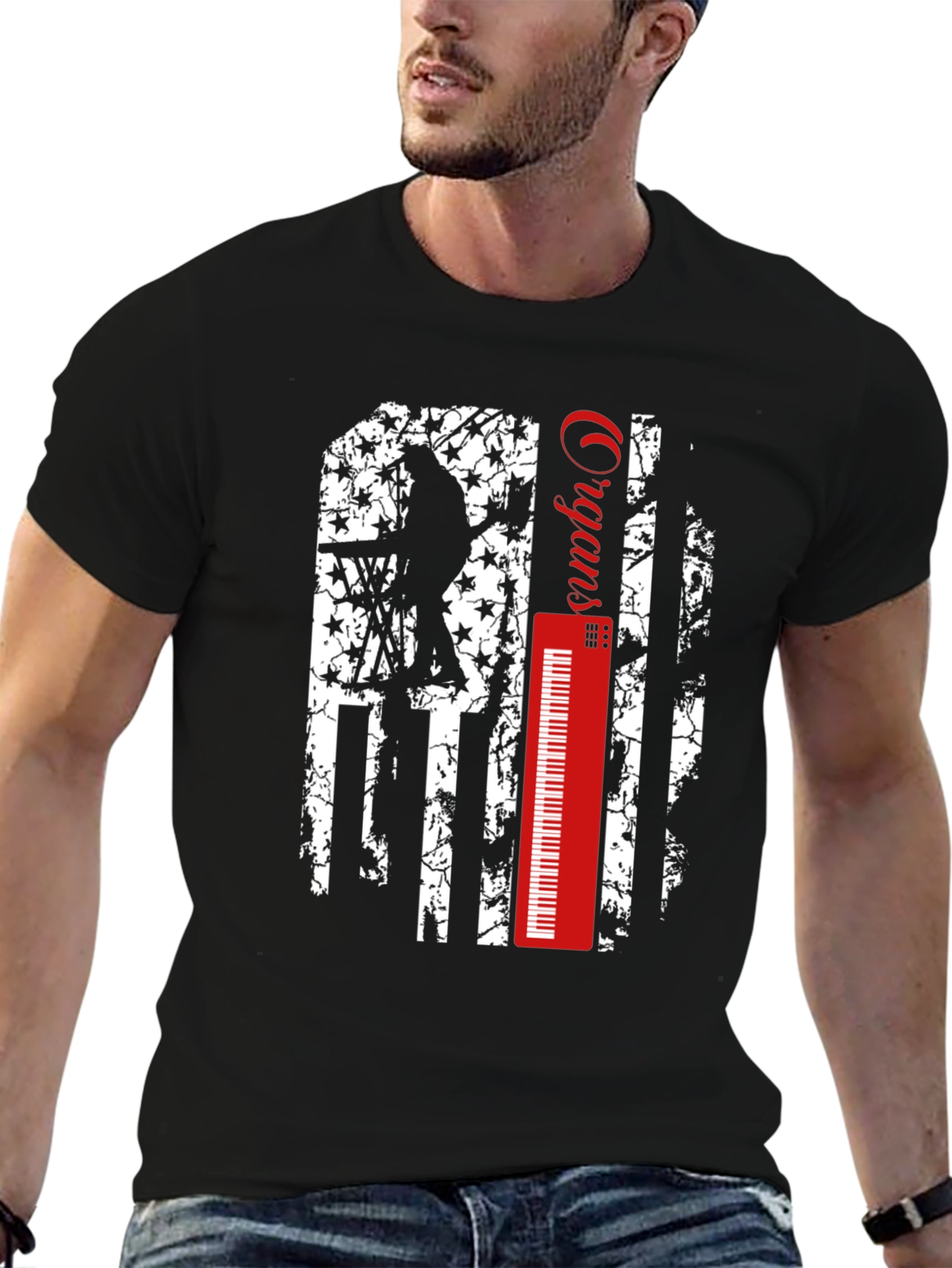 Black Musical Patriot Tee: Organs American Flag Design view 6