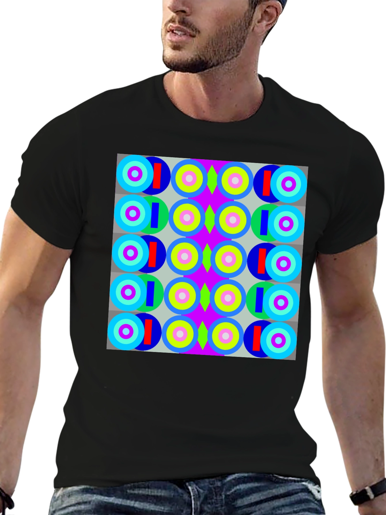 Black Retro Geometric Pattern T-Shirt view 6