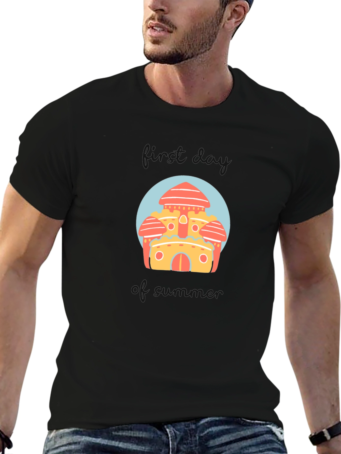 Black Black T-Shirt with Cartoon Castle Graphic view 6
