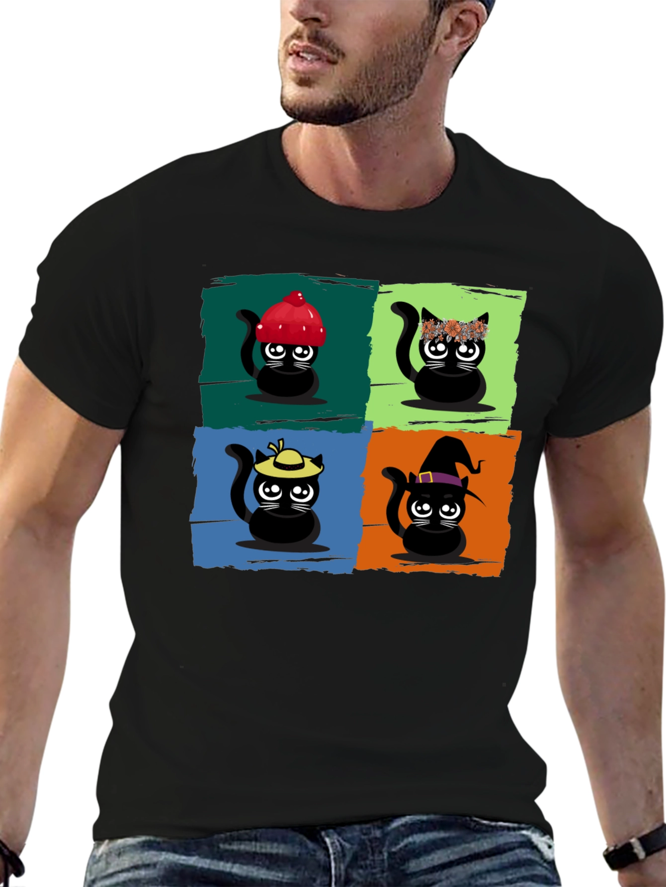 Black Cartoon Cats Black T-Shirt view 6