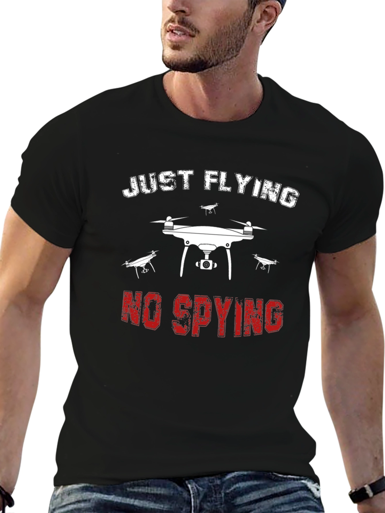 Black Just Flying No Spying Drone Graphic Tee - Black view 6