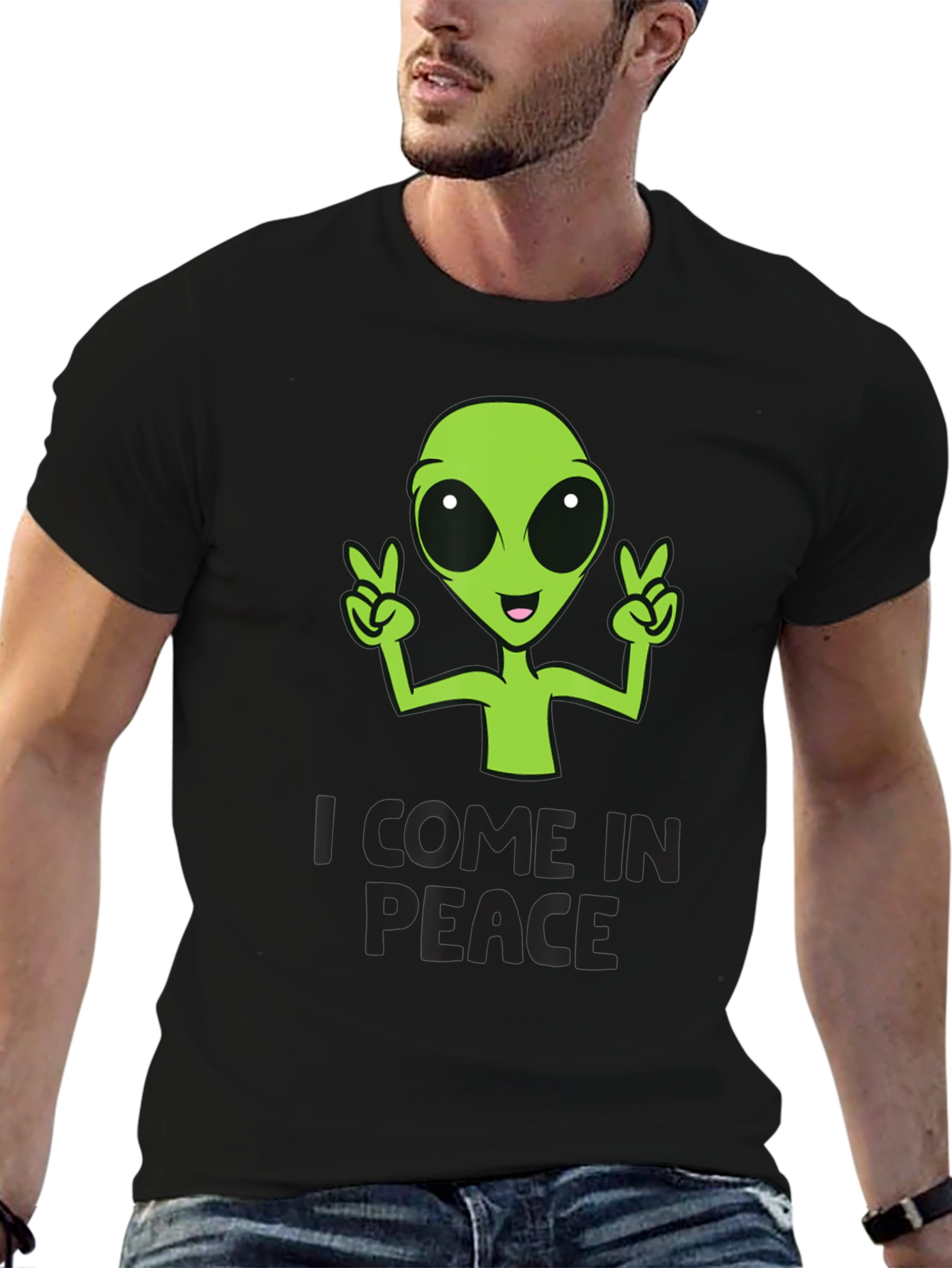 Black I Come In Peace Alien Graphic T-Shirt view 6