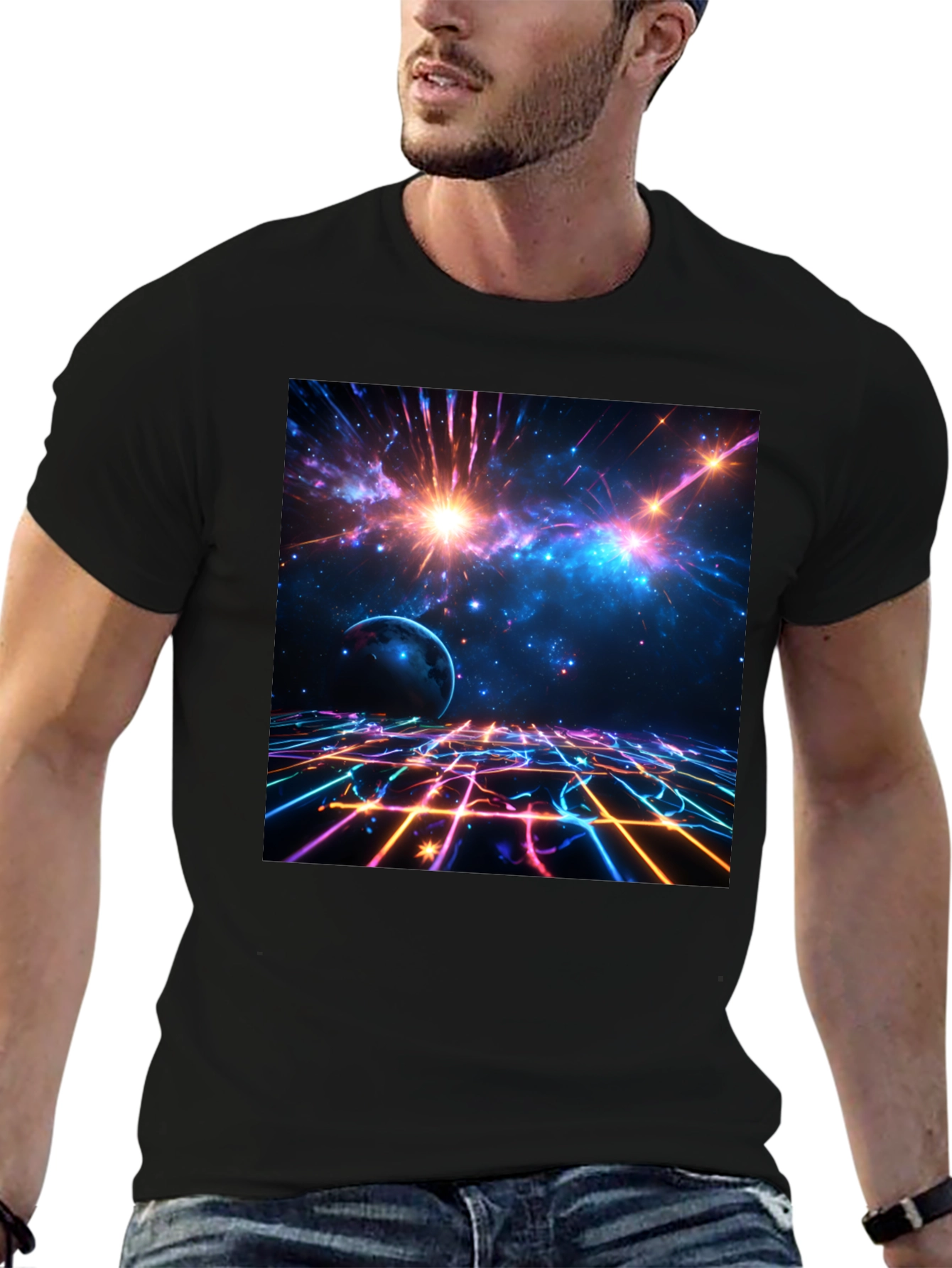 Black Nebula Space Graphic Tee - Stylish Black Cotton T-Shirt view 6