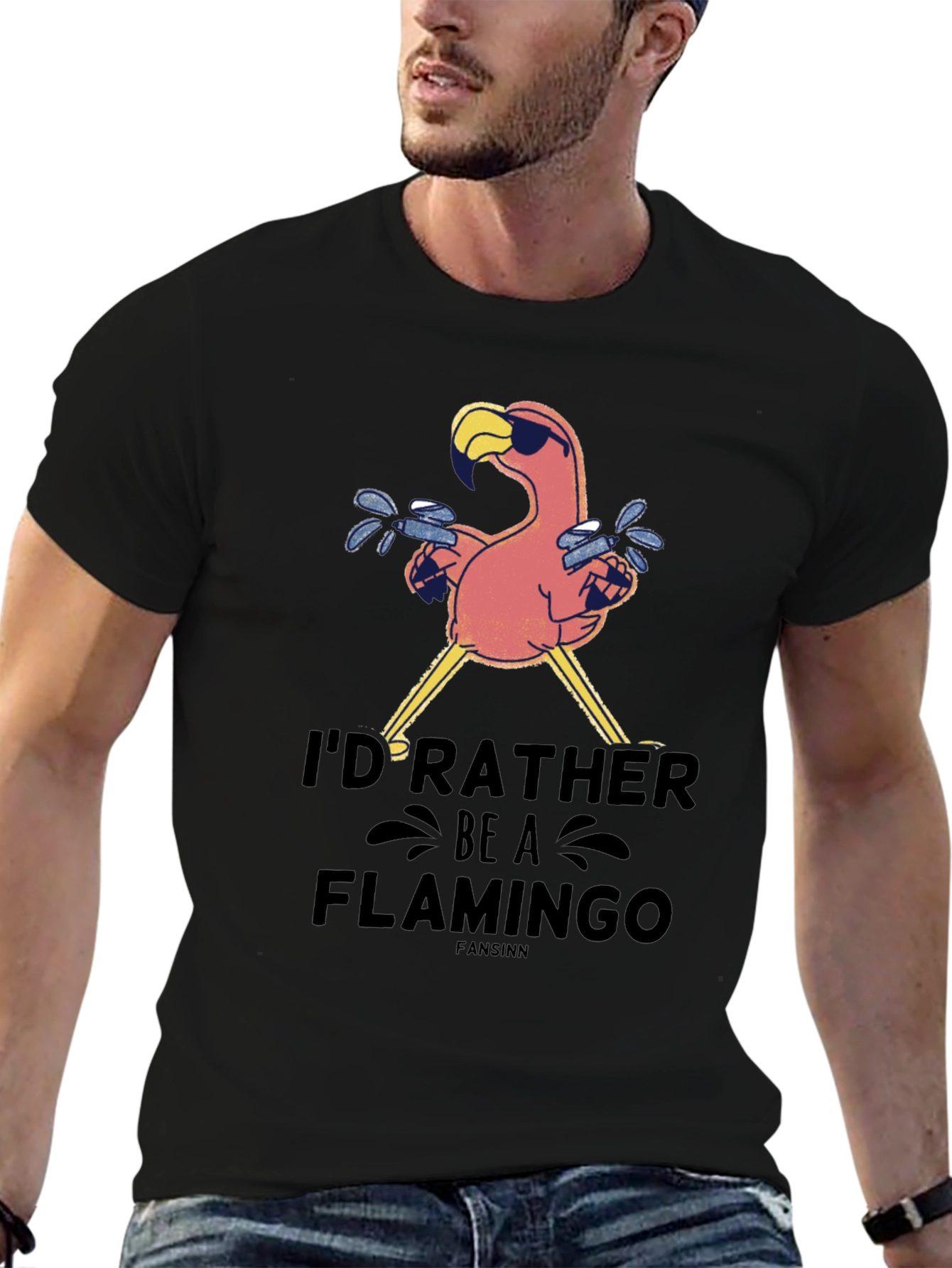 Black I'd Rather Be A Flamingo Black T-Shirt view 6