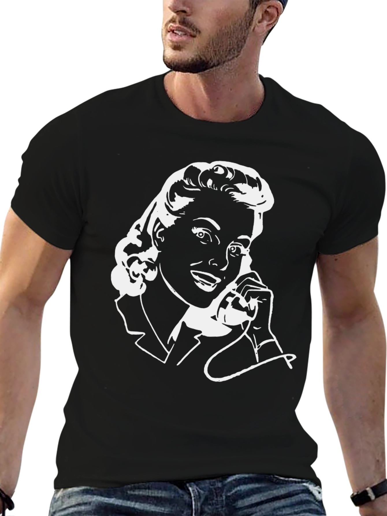 Black Retro Woman On Phone Black T-Shirt view 6