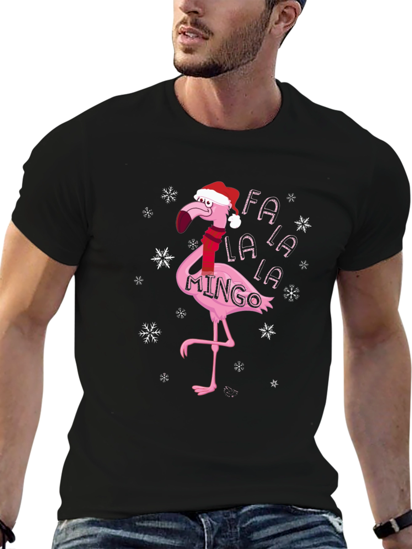 Black Festive Flamingo Christmas T-Shirt - Fa La La La Mingo view 6