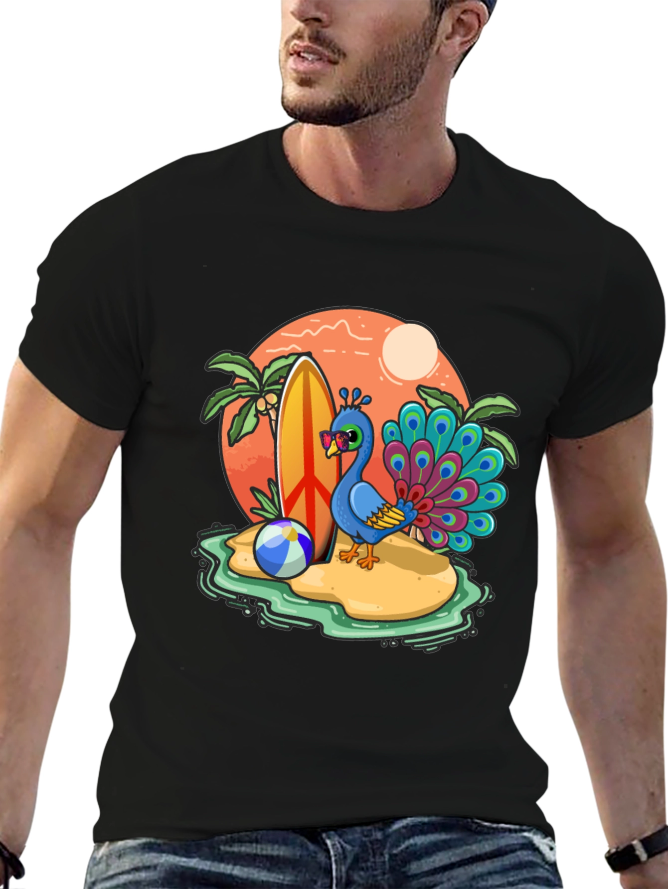 Black Peacock Paradise T-Shirt - Beach Vacation Vibes view 6