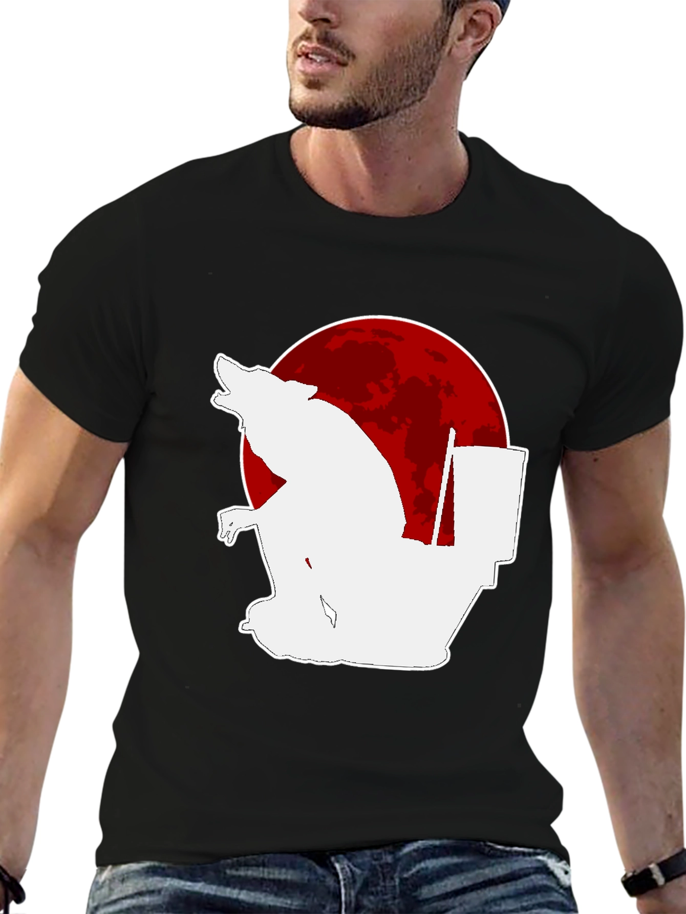 Black Humorous Wolf on Toilet T-Shirt - Black view 6