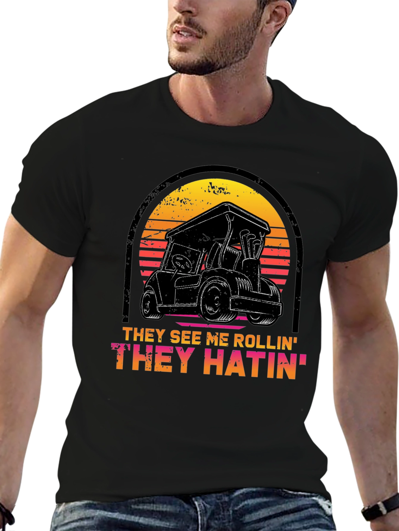 Black Golf Cart Sunset T-Shirt - They See Me Rollin' Tee view 6