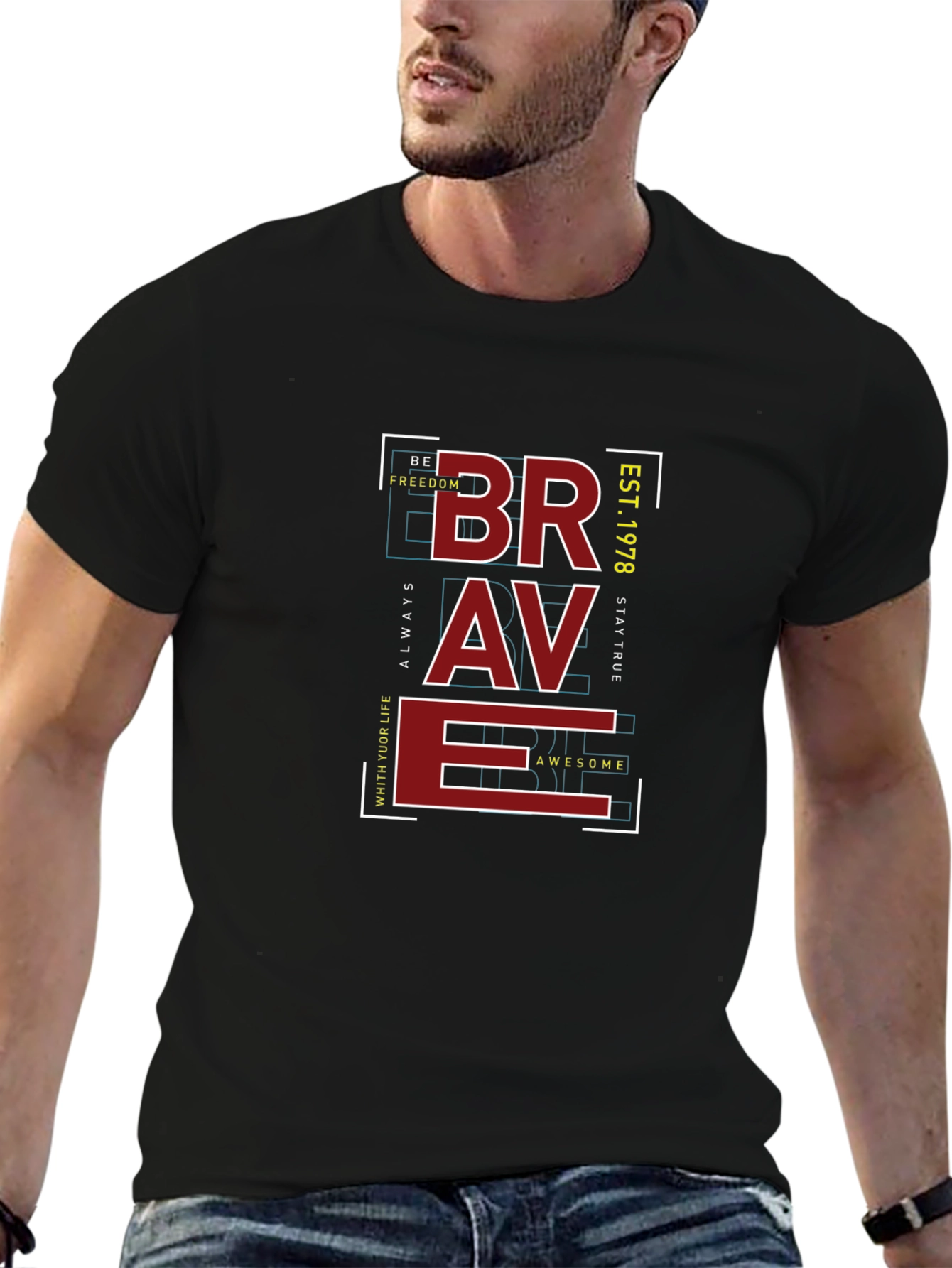 Black Brave Graphic Print T-Shirt - Men's Casual Tee view 6
