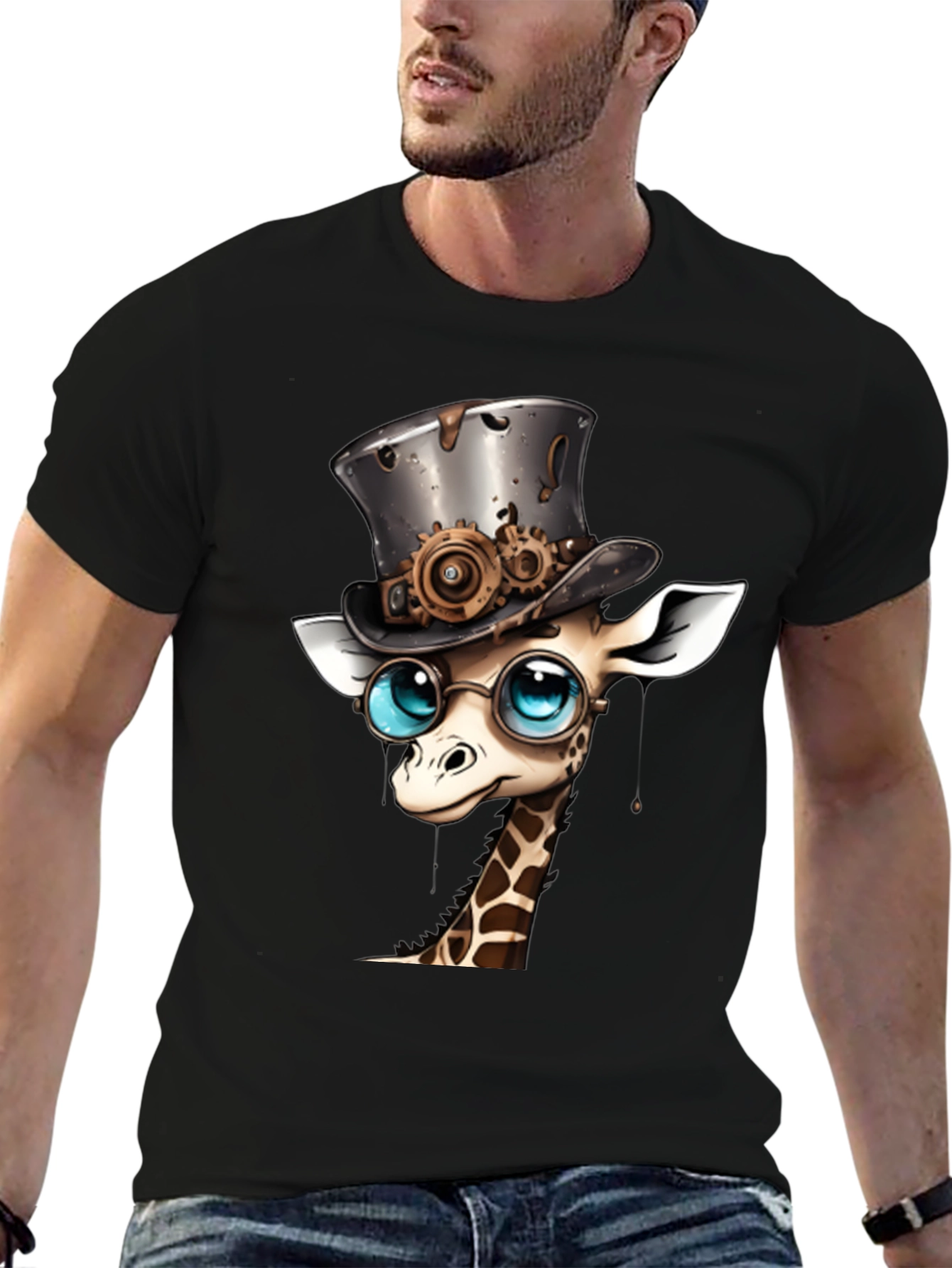 Black Steampunk Giraffe T-Shirt - Whimsical Animal Top view 6
