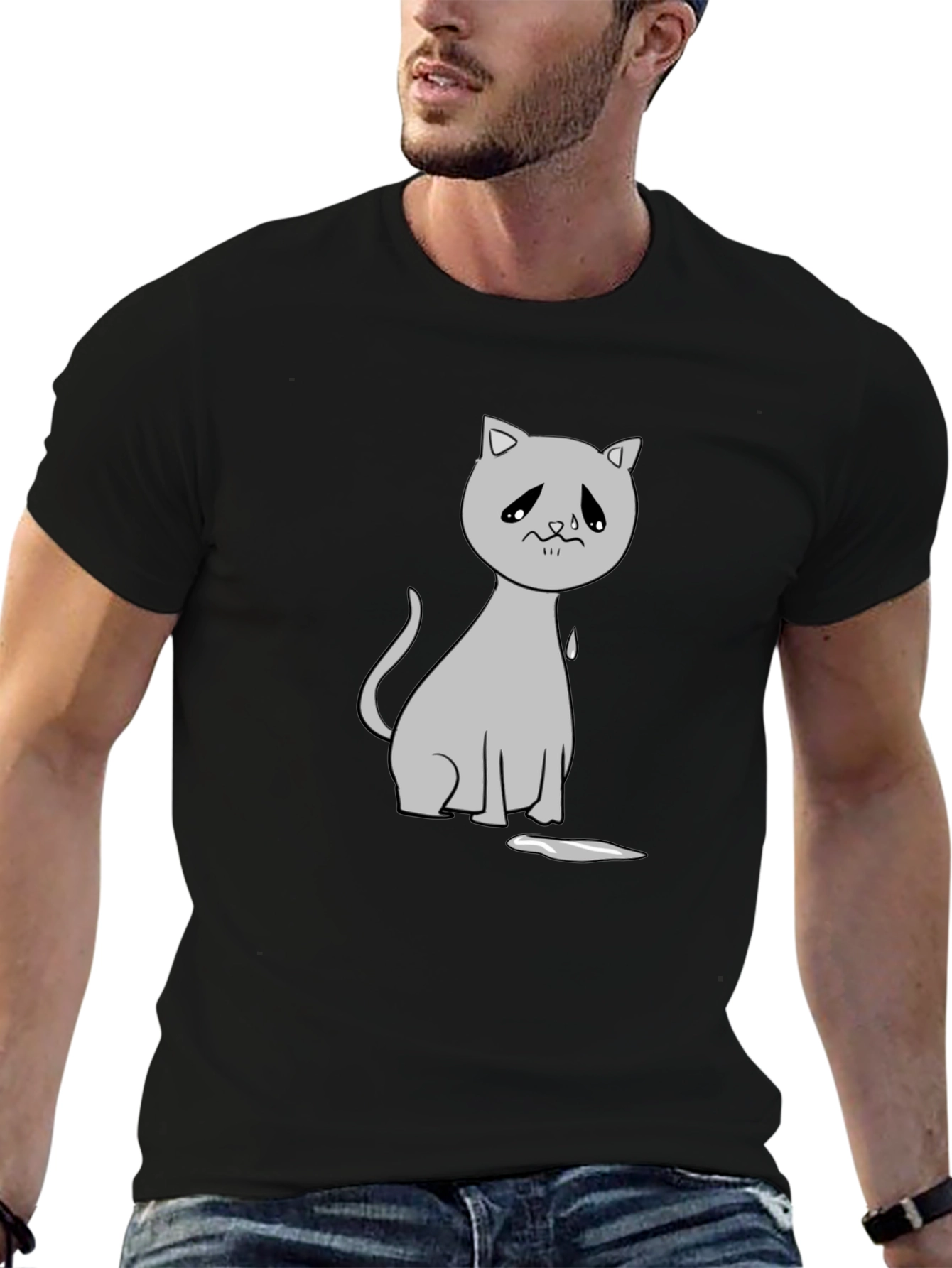 Black Sad Cat Graphic Tee - Unisex Black T-Shirt view 6