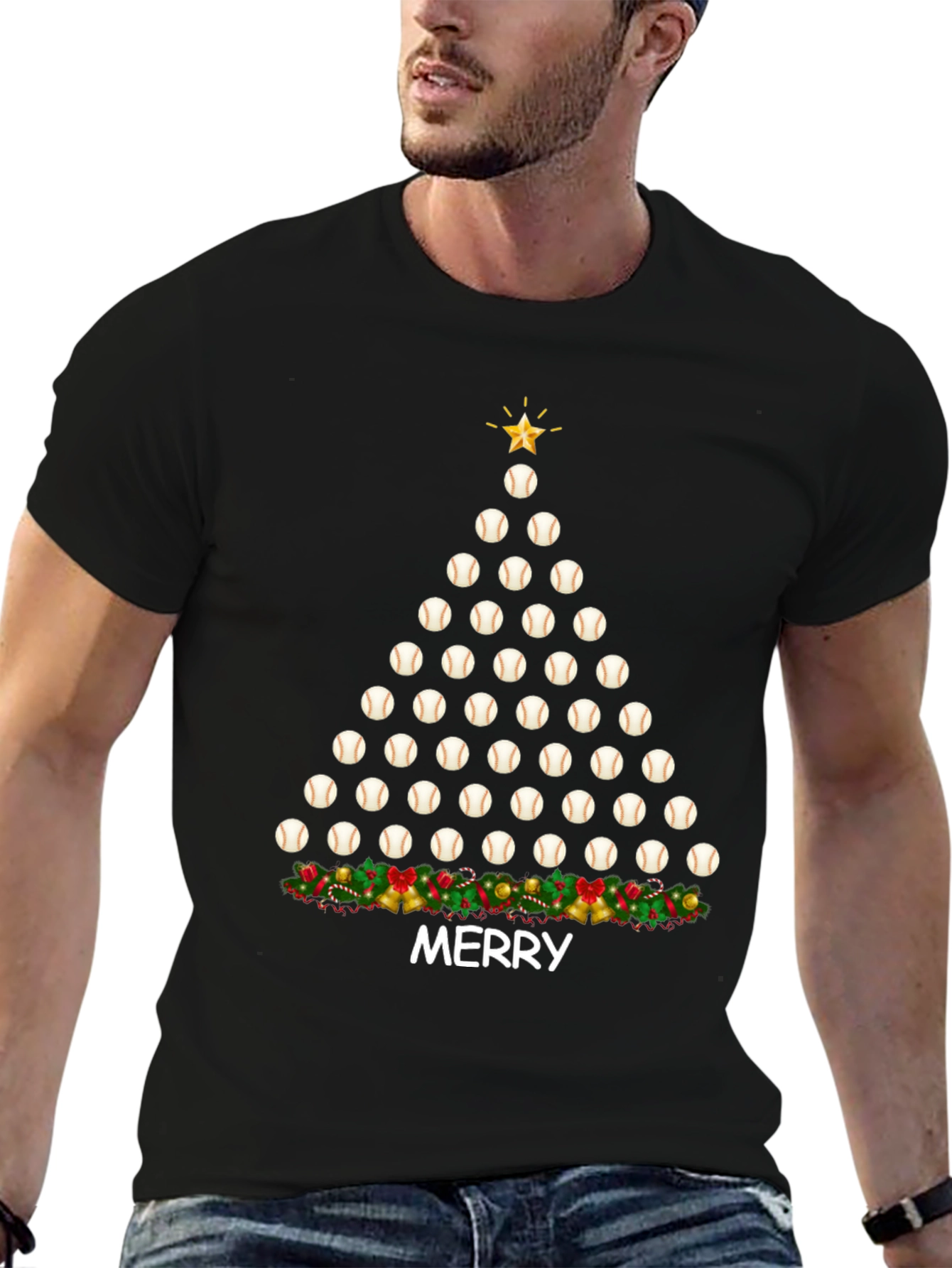 Black Baseball Christmas Tree T-Shirt view 6