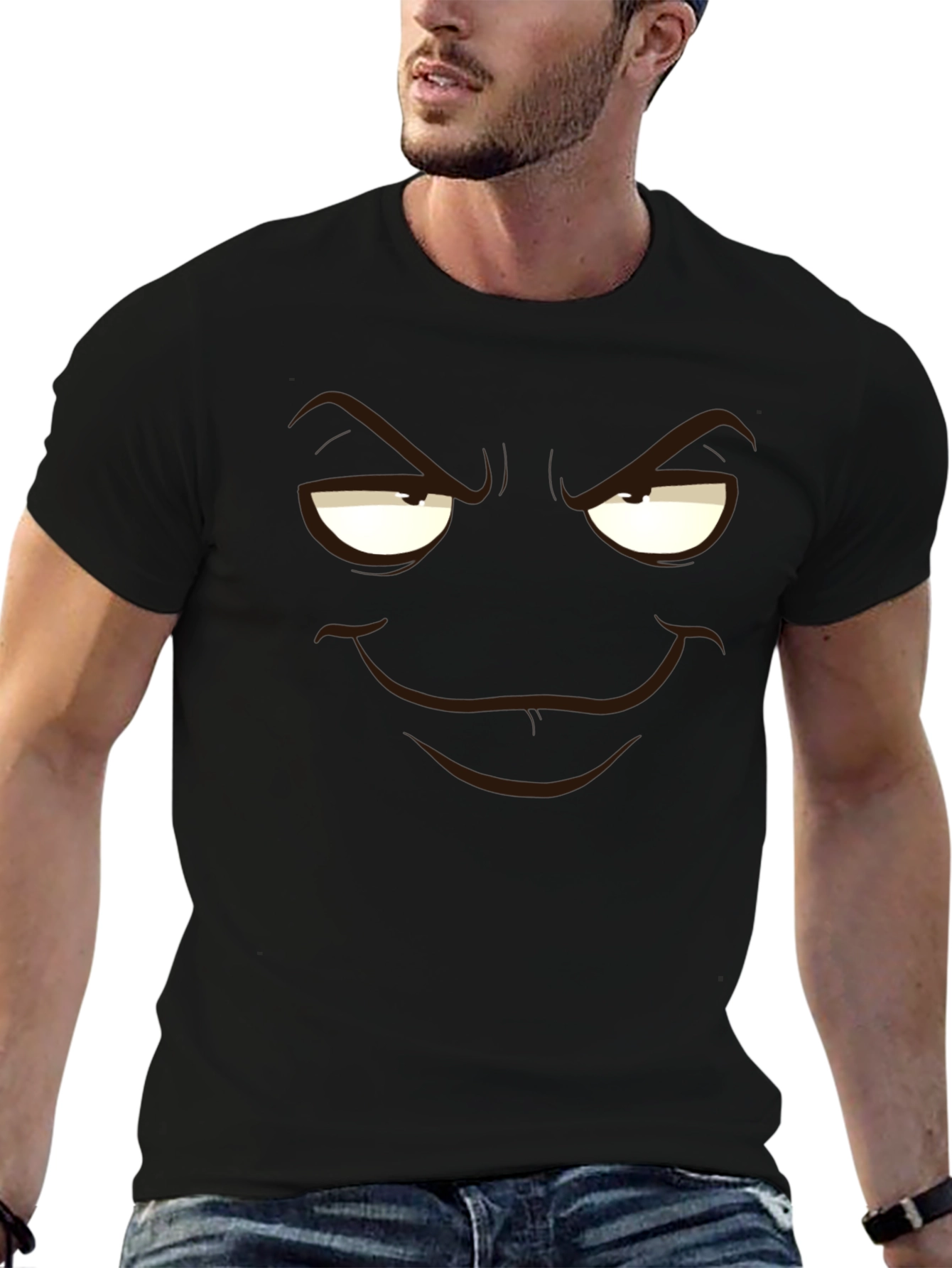 Black Men's Black T-Shirt with Mischievous Face Graphic view 6