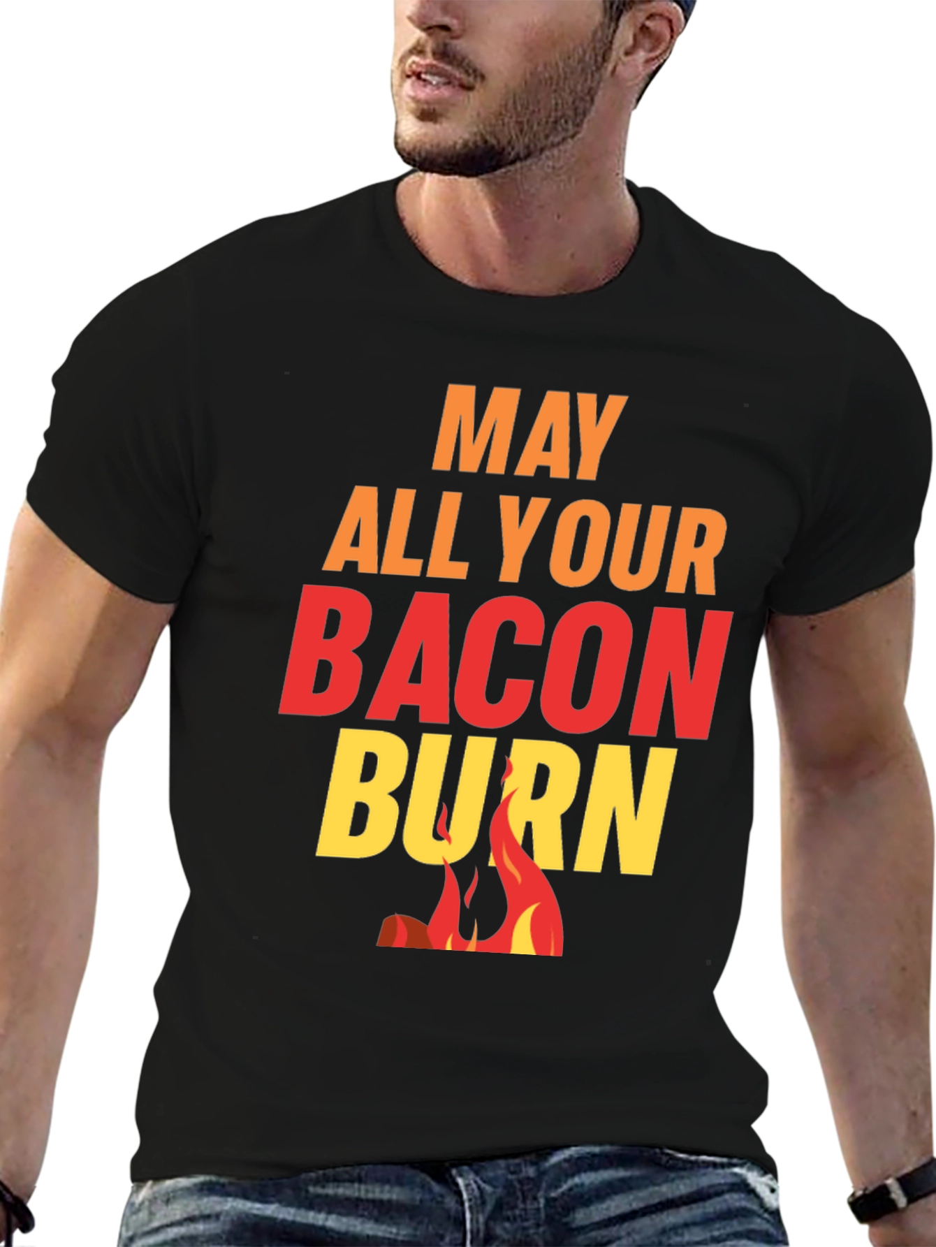 Black May All Your Bacon Burn Novelty Graphic Tee view 6