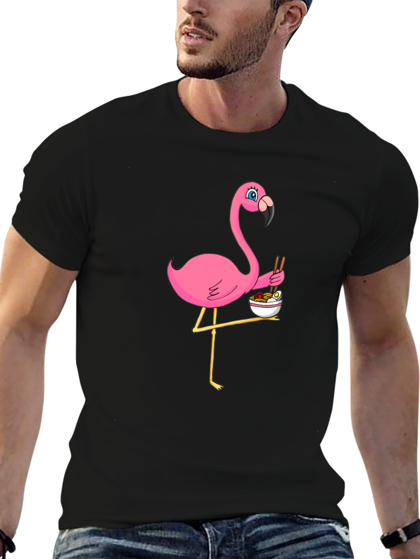 Black Flamingo Ramen Black T-Shirt - Whimsical Graphic Tee view 6
