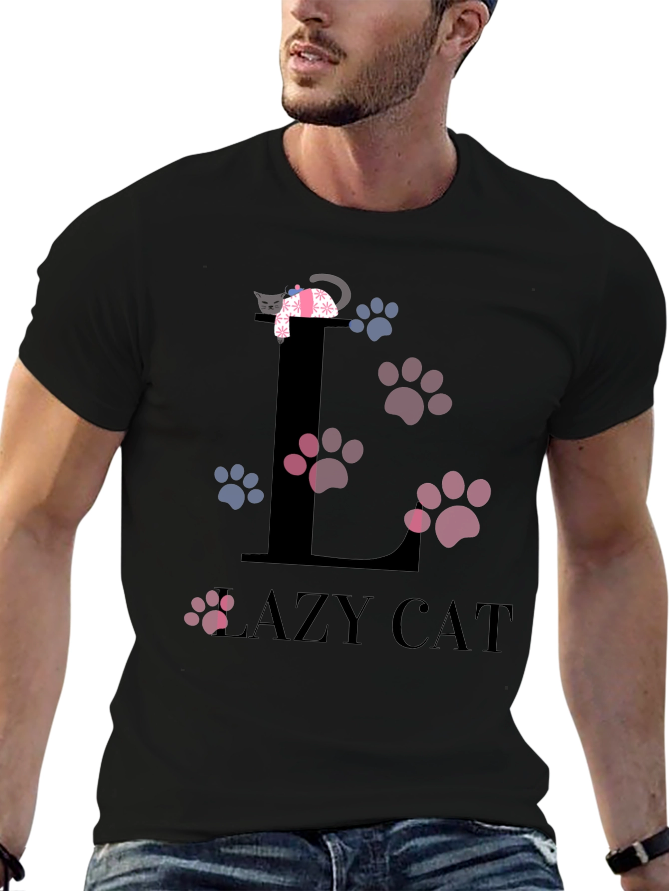 Black Lazy Cat Graphic T-Shirt - Unisex Cotton Tee view 6
