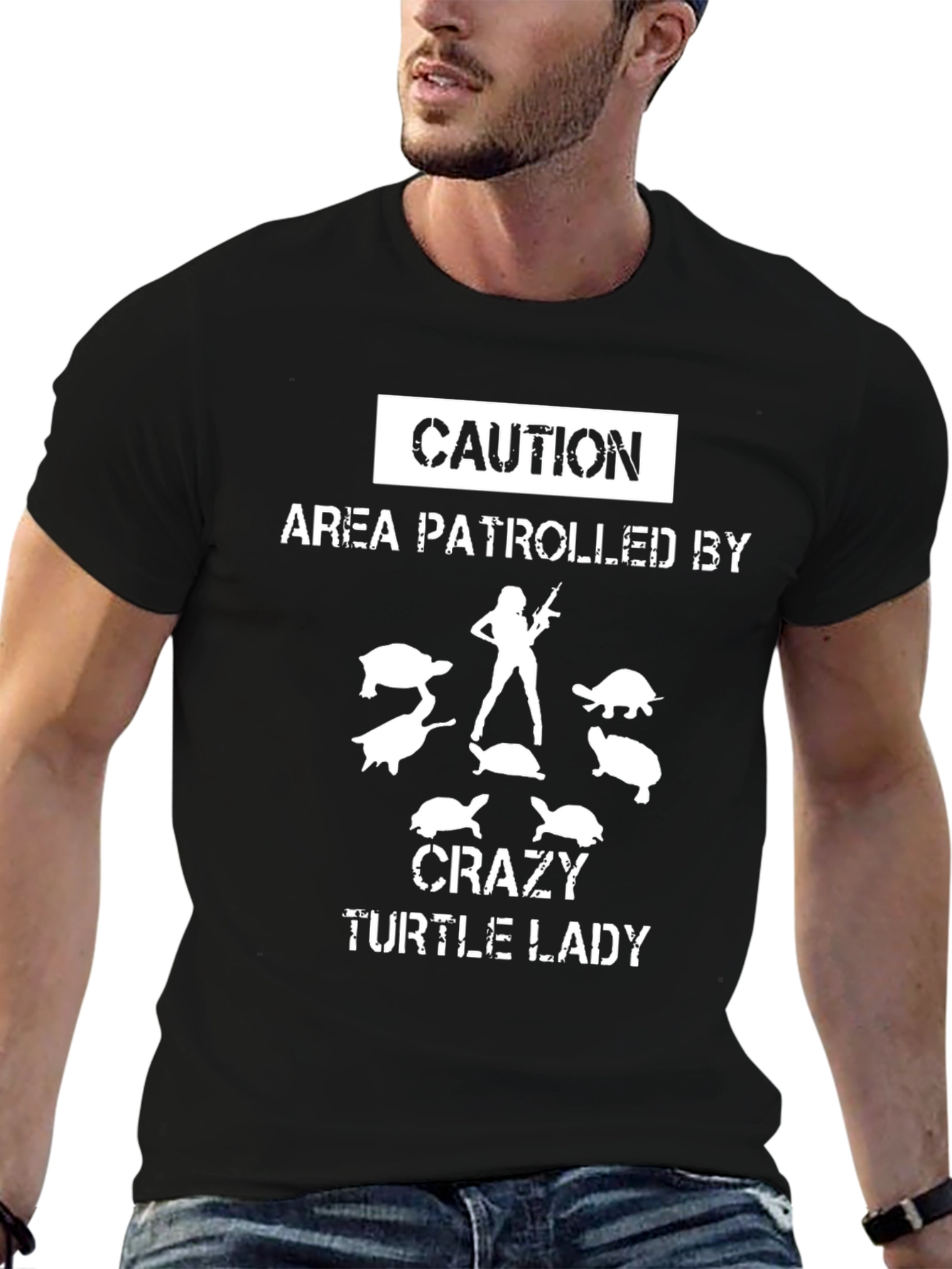 Black Caution Crazy Turtle Lady Graphic T-Shirt view 6