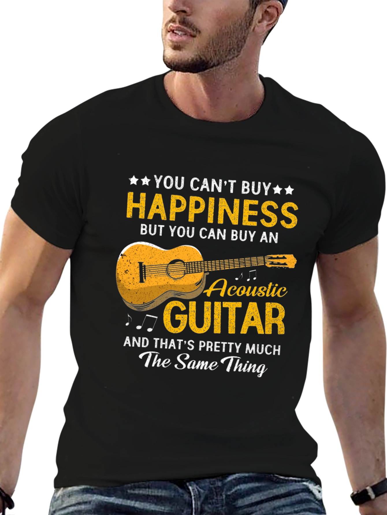 Black Acoustic Guitar Happiness T-Shirt - Music Lover Gift view 6