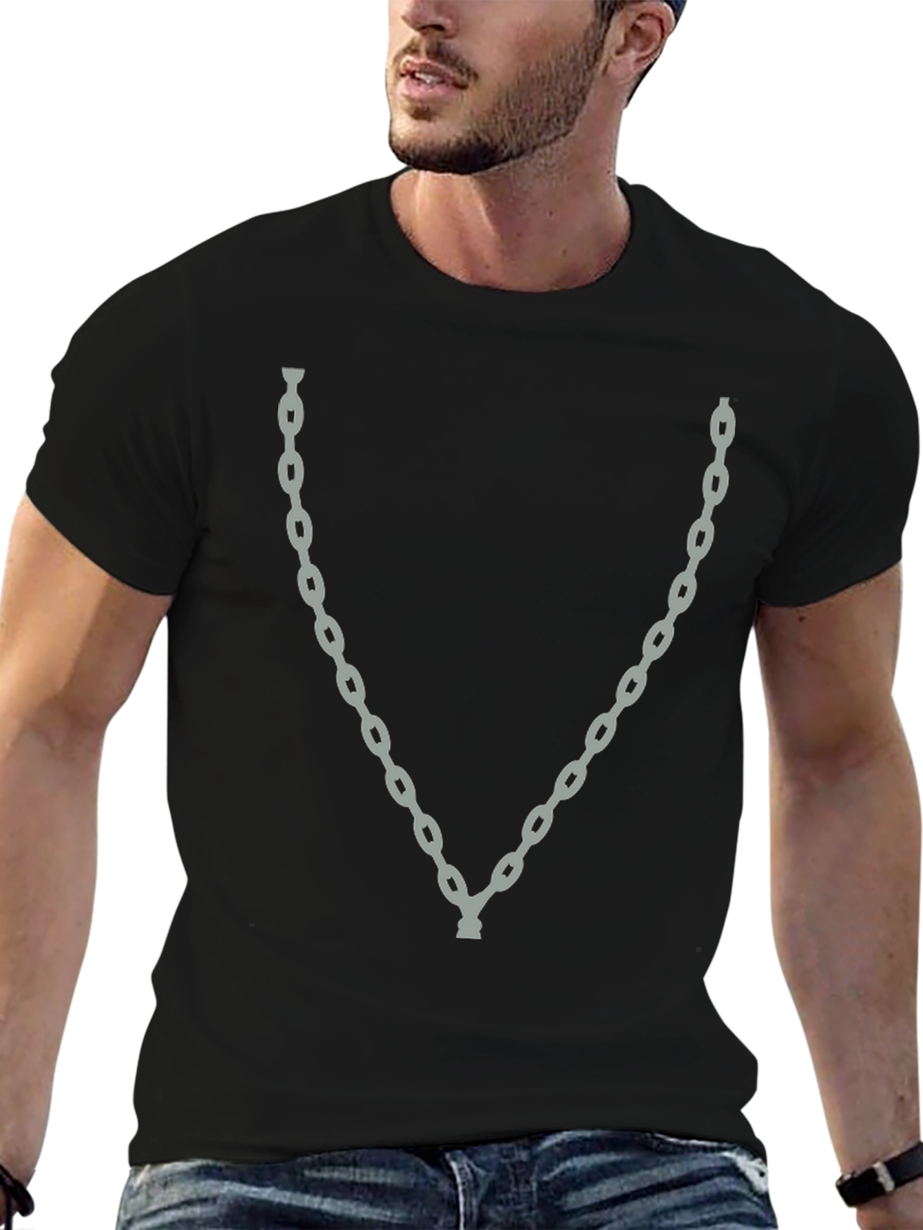 Men's Black T-Shirt with Chain Graphic - 6