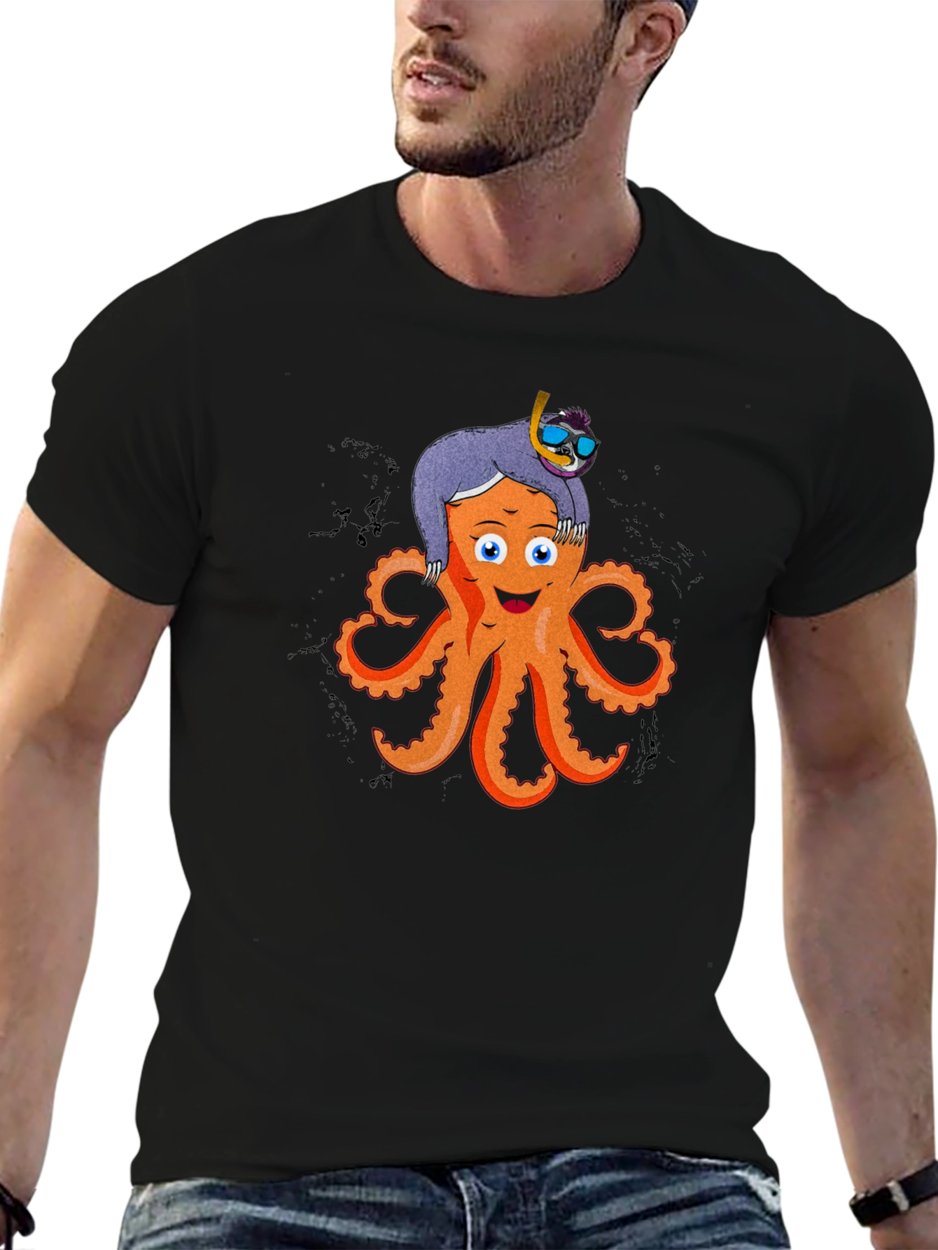 Black Octopus & Sloth Graphic T-Shirt - Unique Design view 6