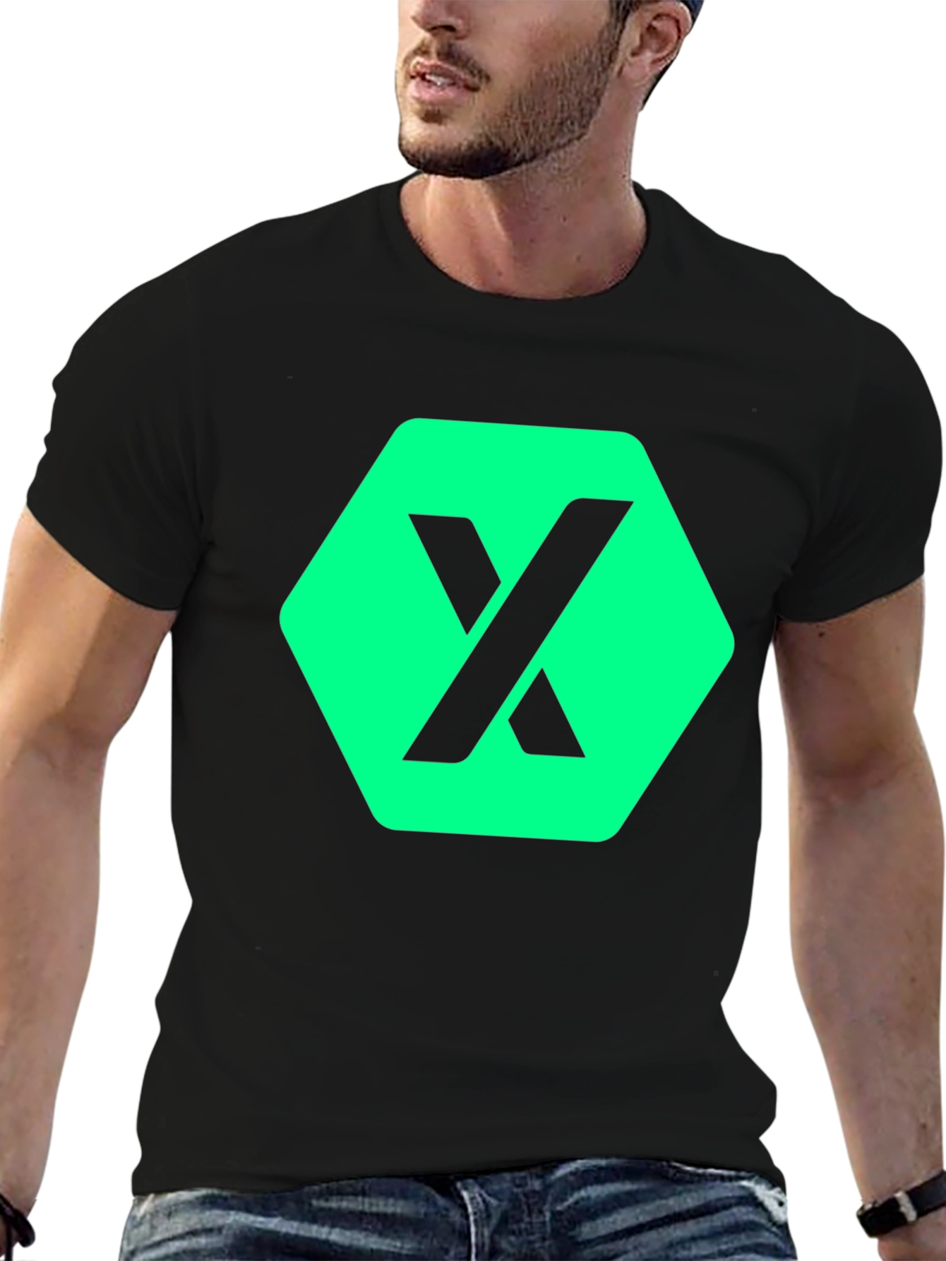 Black Modern Graphic Tee: Black Shirt with Geometric "X" Design view 6