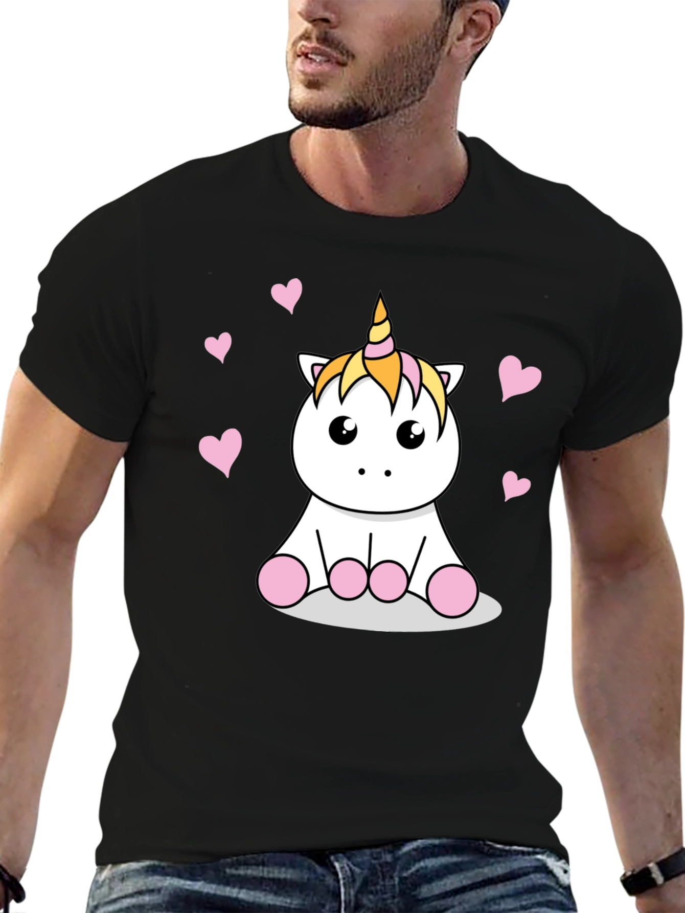 Black Cute Cartoon Unicorn T-Shirt - Black Cotton Tee view 6