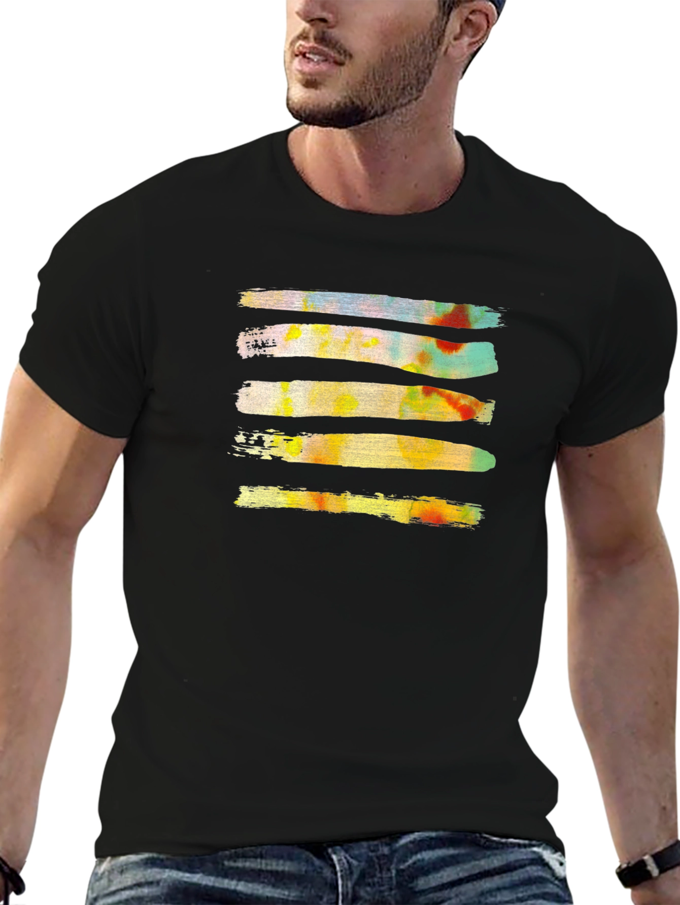 Black Abstract Brushstroke Graphic Tee - Black Cotton Casual T-Shirt view 6