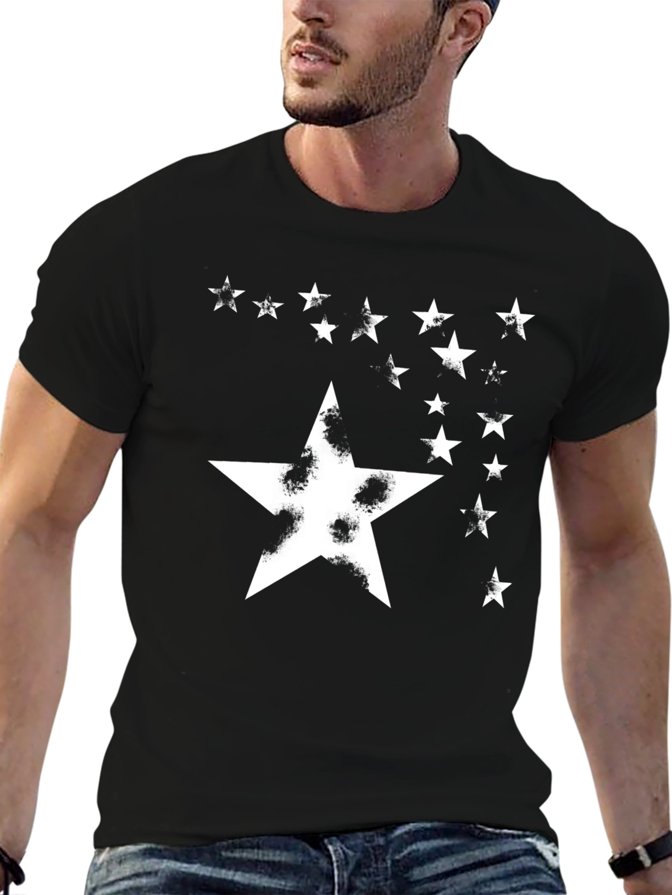 Black Starry Night Graphic Tee - Distressed Star Design view 6