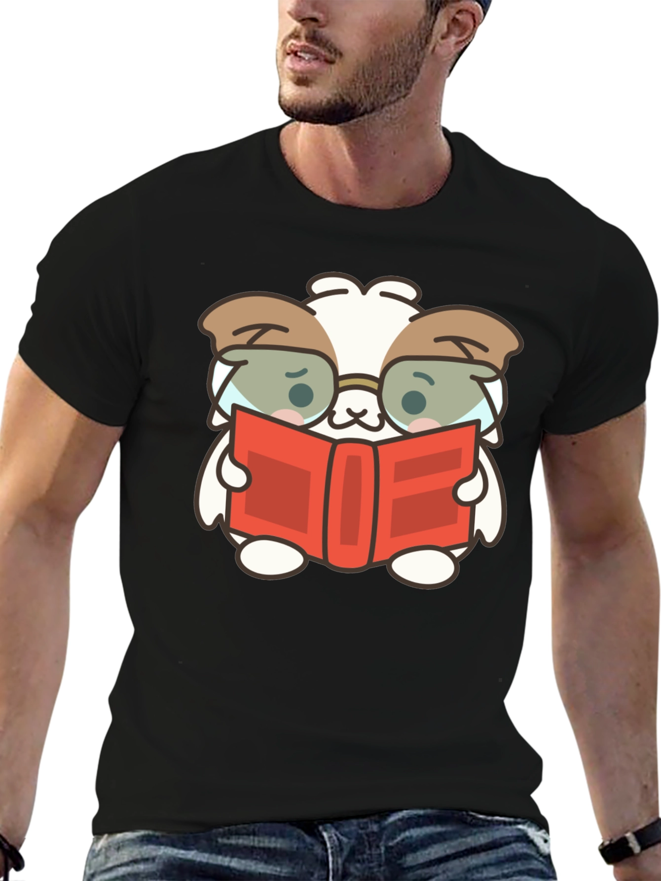 Black Cute Book Reading Dog T-Shirt - Black view 6