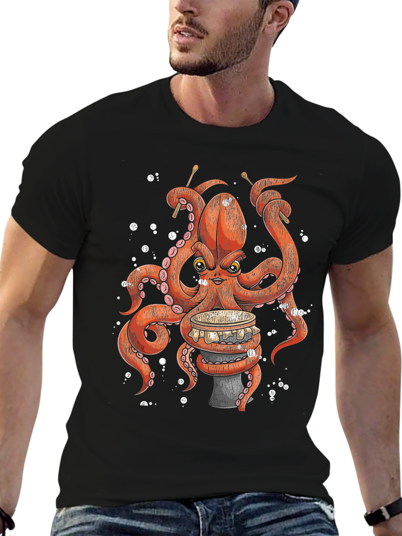 Black Octopus Drummer T-Shirt - Unique Graphic Tee view 6