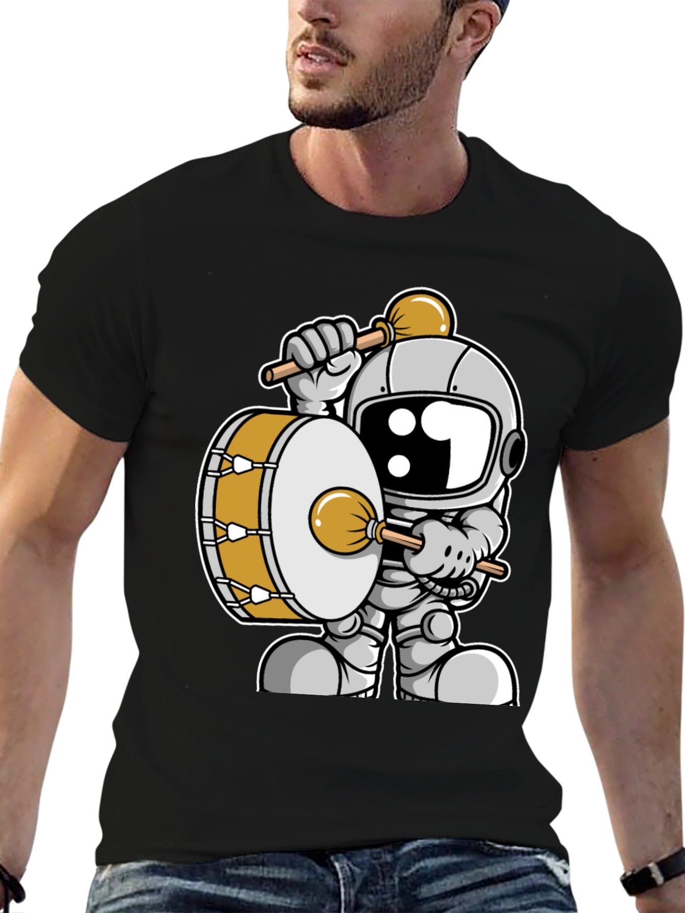 Black Astronaut Drummer Graphic Tee - Space Music T-Shirt view 6
