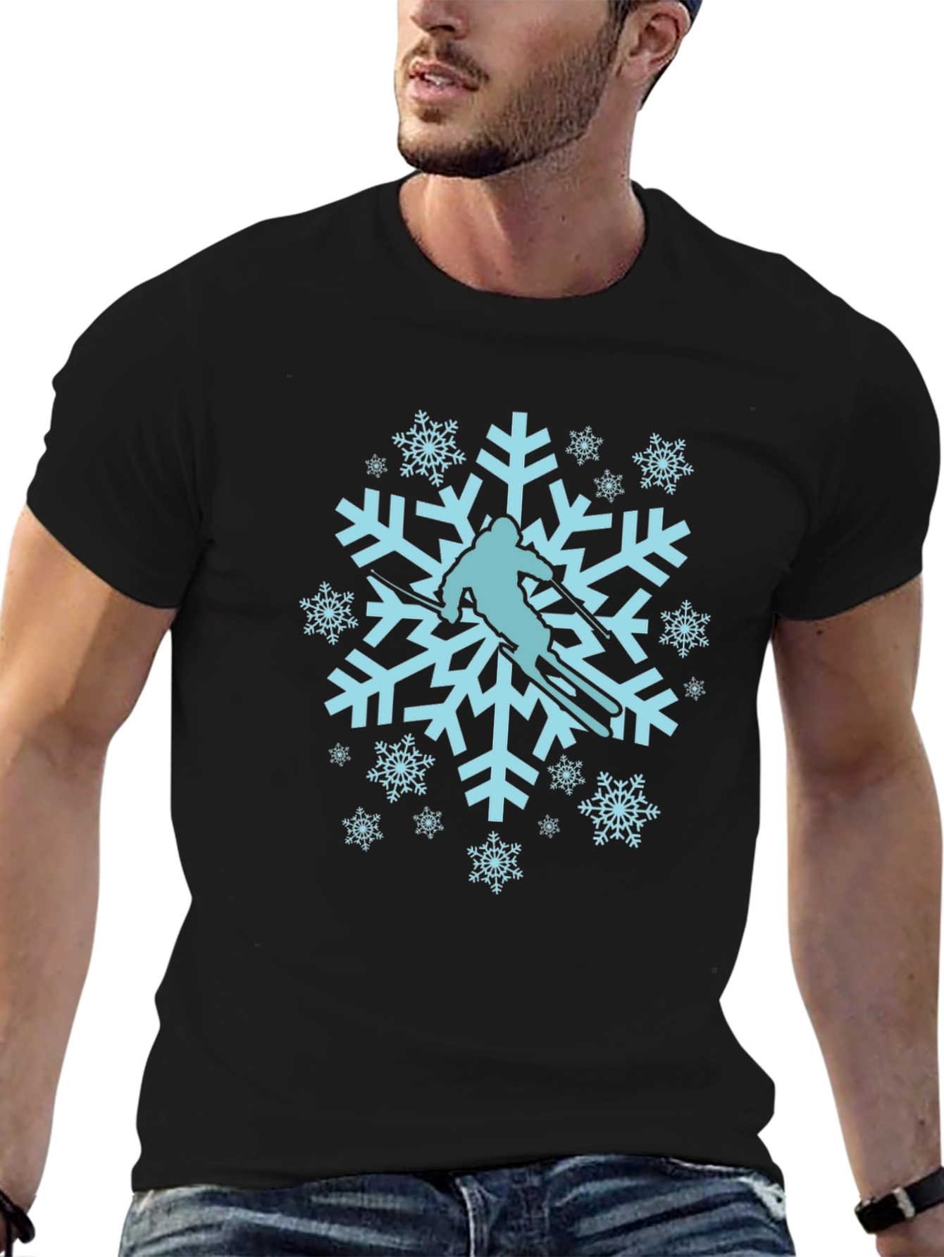 Black Snowflake Skier Graphic Tee - Winter Sport Shirt view 6