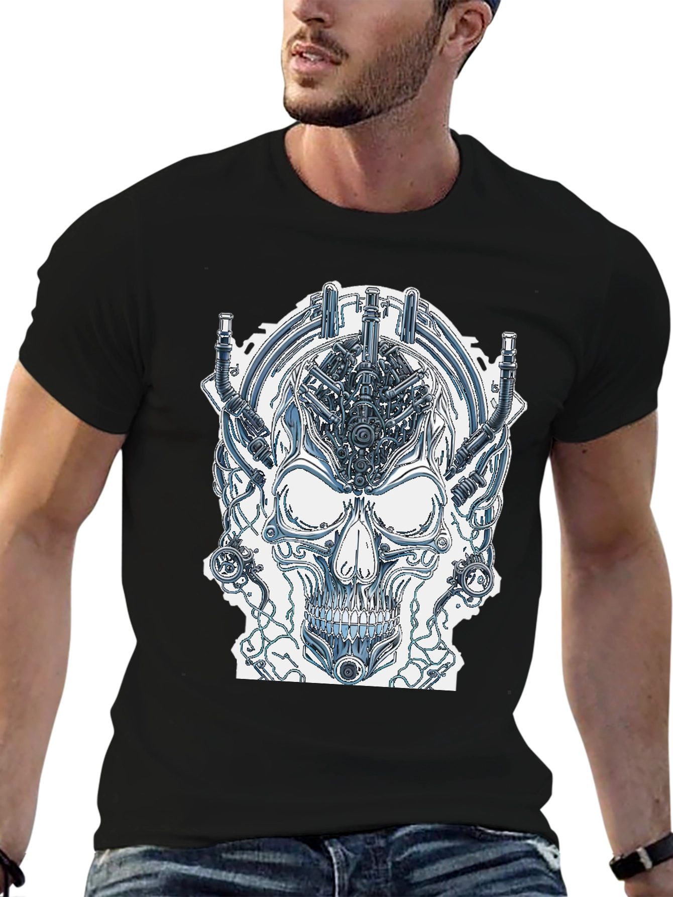 Black Cyberpunk Skull Graphic Tee - Edgy Sci-Fi Design view 6