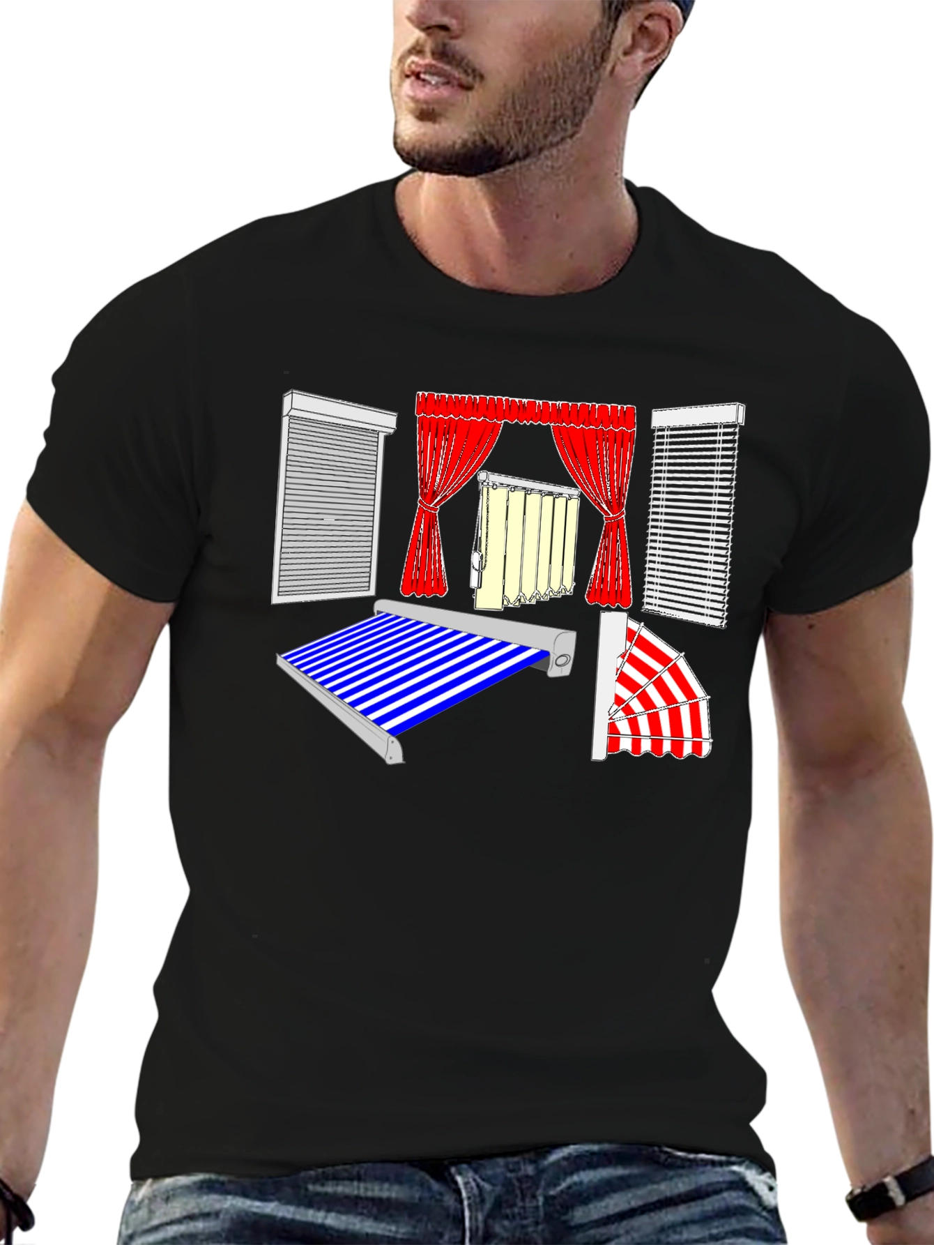 Black Men's Black Graphic T-Shirt - Blinds and Awnings Design view 6