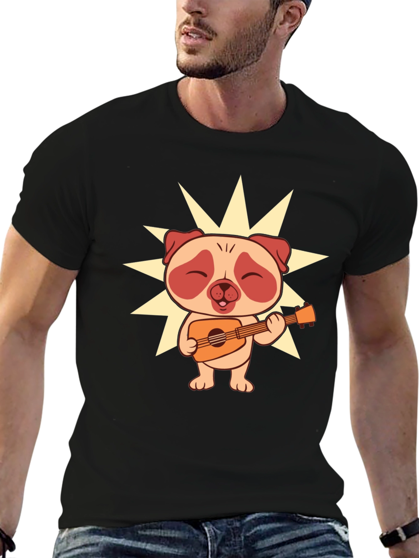 Black Cute Pug Guitarist Black T-Shirt view 6